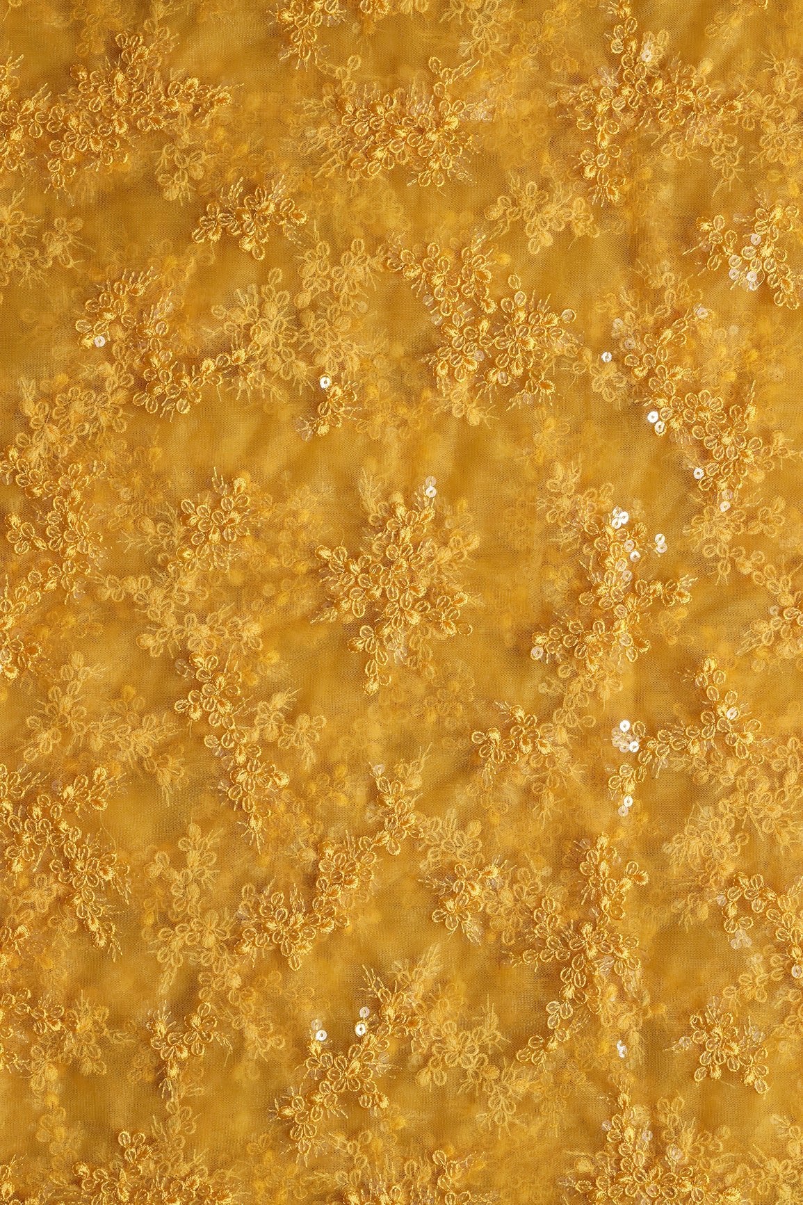 Exclusive Yellow Thread With Sequins Abstract Embroidery Work On Mustard Yellow Soft Net Fabric - doeraa