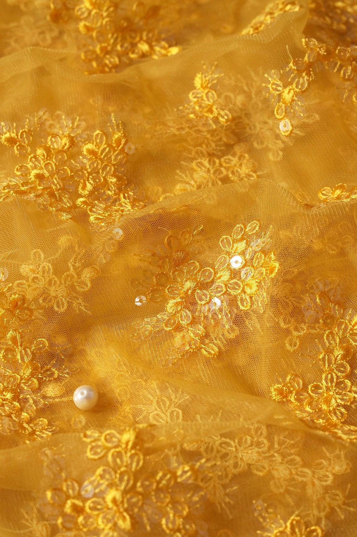 Exclusive Yellow Thread With Sequins Abstract Embroidery Work On Mustard Yellow Soft Net Fabric - doeraa