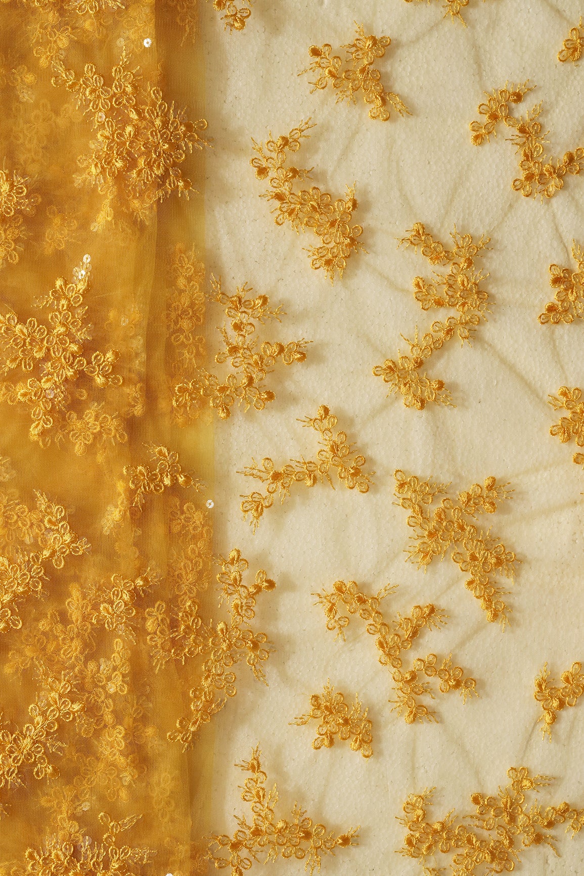 Exclusive Yellow Thread With Sequins Abstract Embroidery Work On Mustard Yellow Soft Net Fabric - doeraa