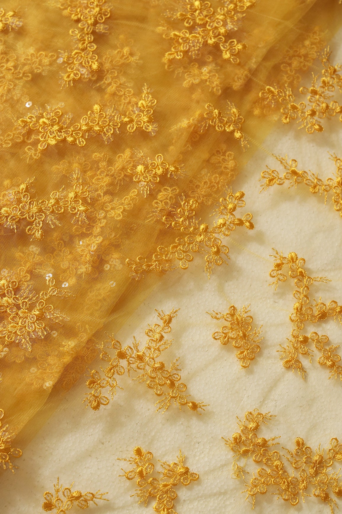 Exclusive Yellow Thread With Sequins Abstract Embroidery Work On Mustard Yellow Soft Net Fabric - doeraa