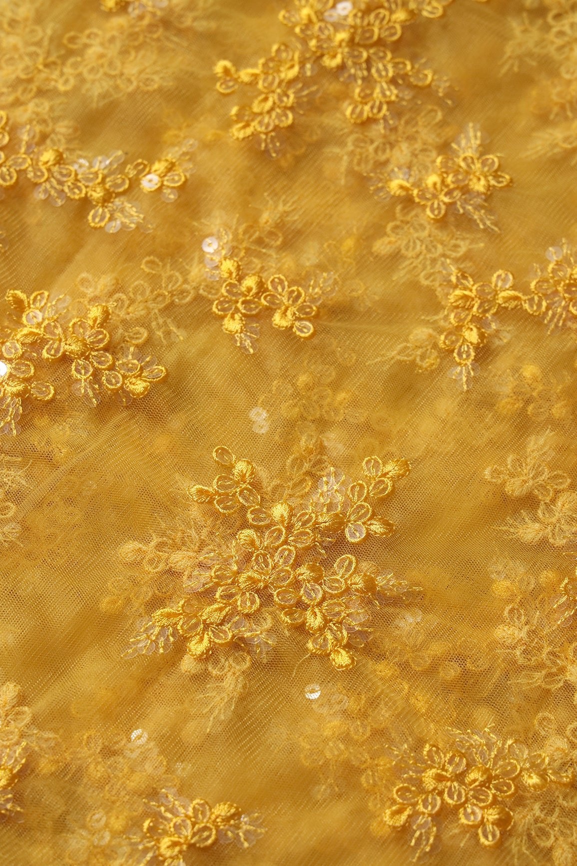 Exclusive Yellow Thread With Sequins Abstract Embroidery Work On Mustard Yellow Soft Net Fabric - doeraa