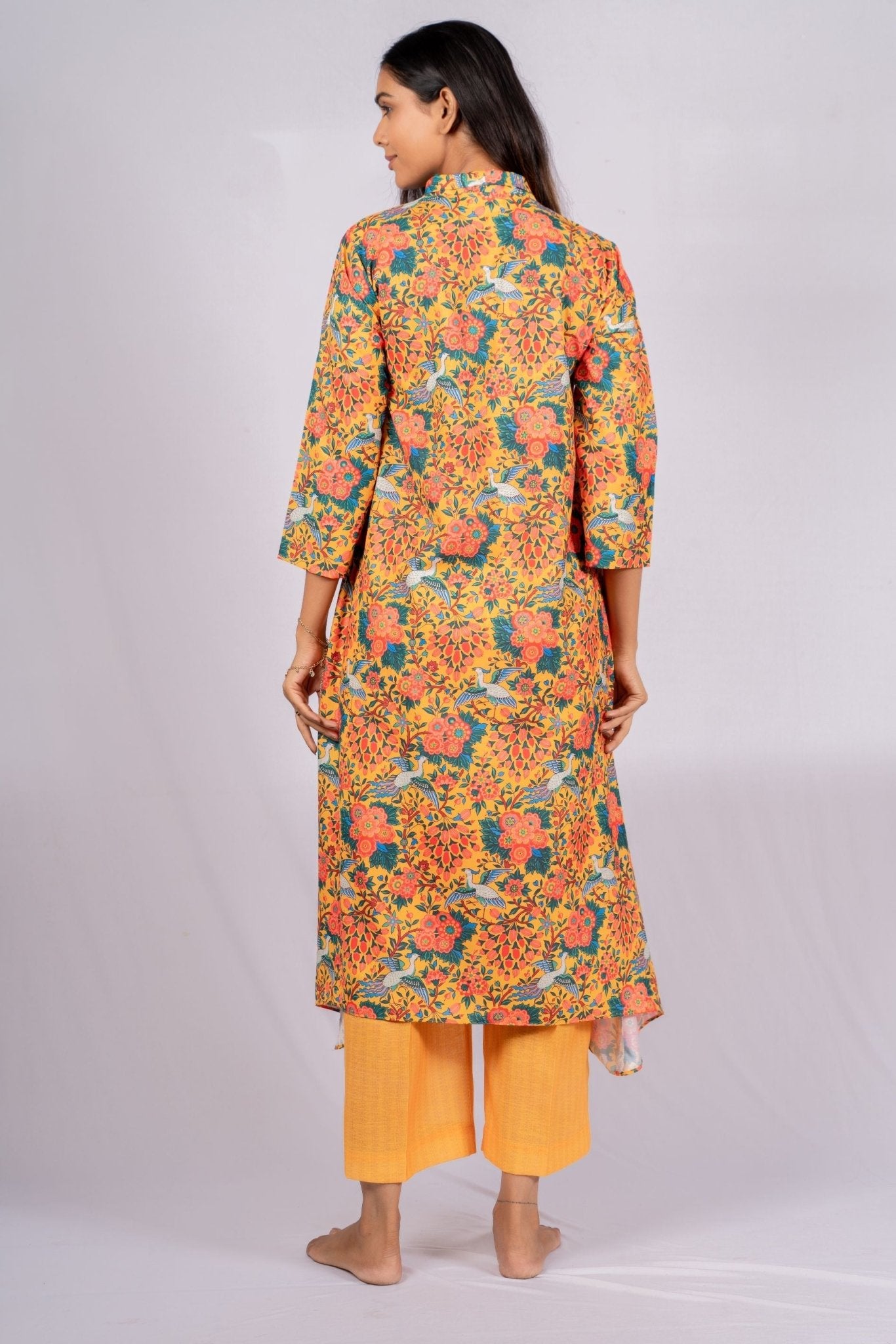 Ezra Yellow Ethnic Printed Linen Indian Co - ord Set - doeraa