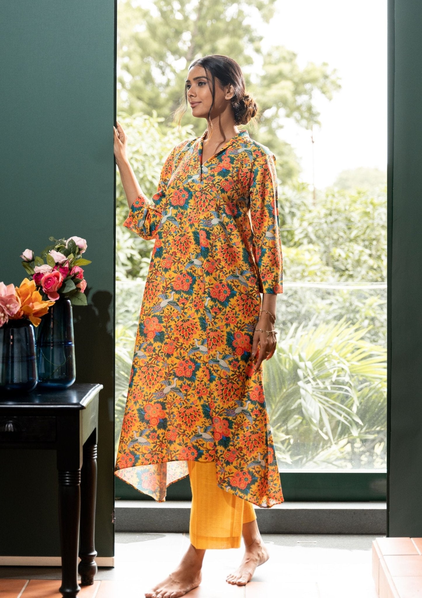 Ezra Yellow Ethnic Printed Linen Indian Co - ord Set - doeraa
