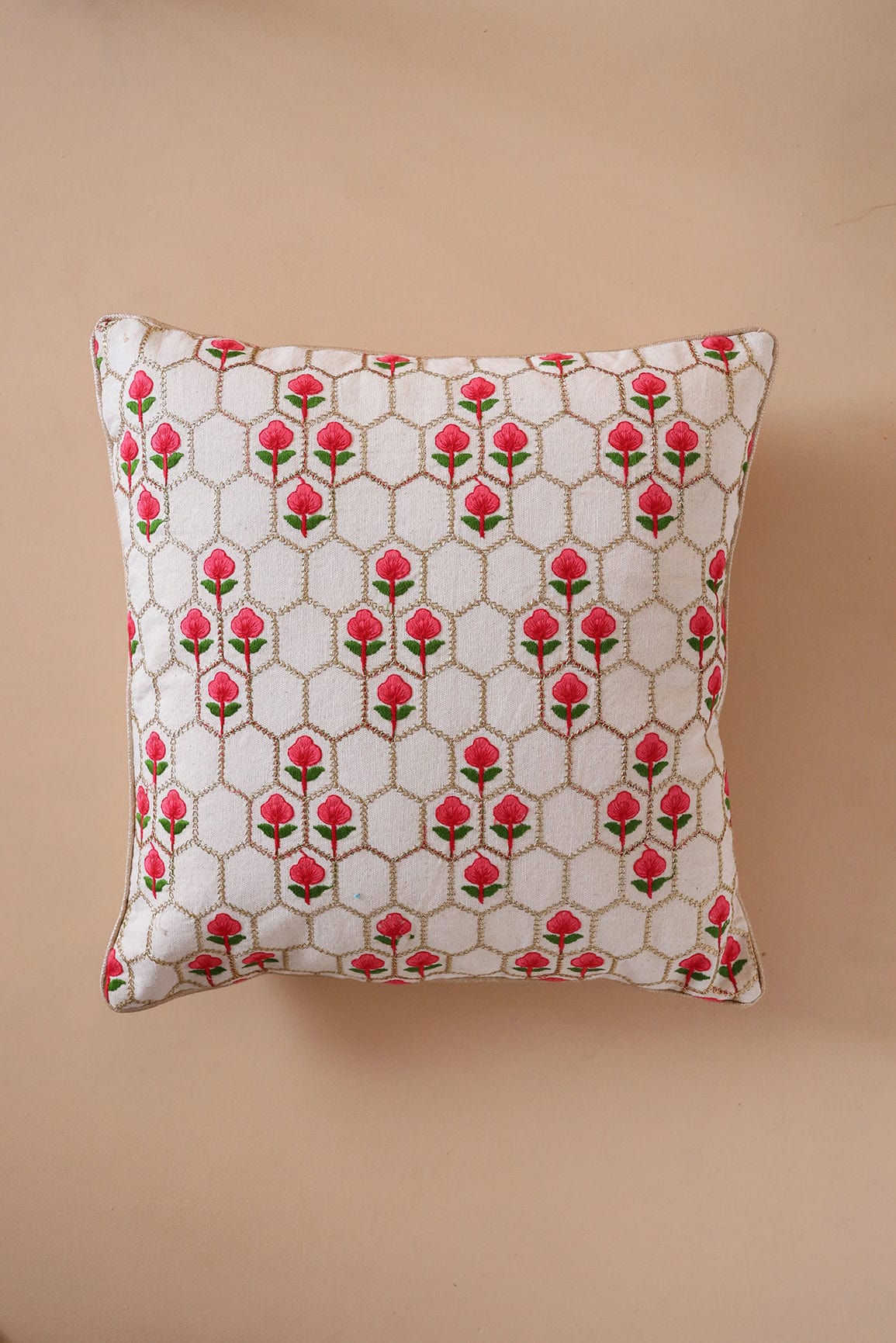 Floral Embroidery on off white cotton Cushion Cover (16*16 inches) - doeraa