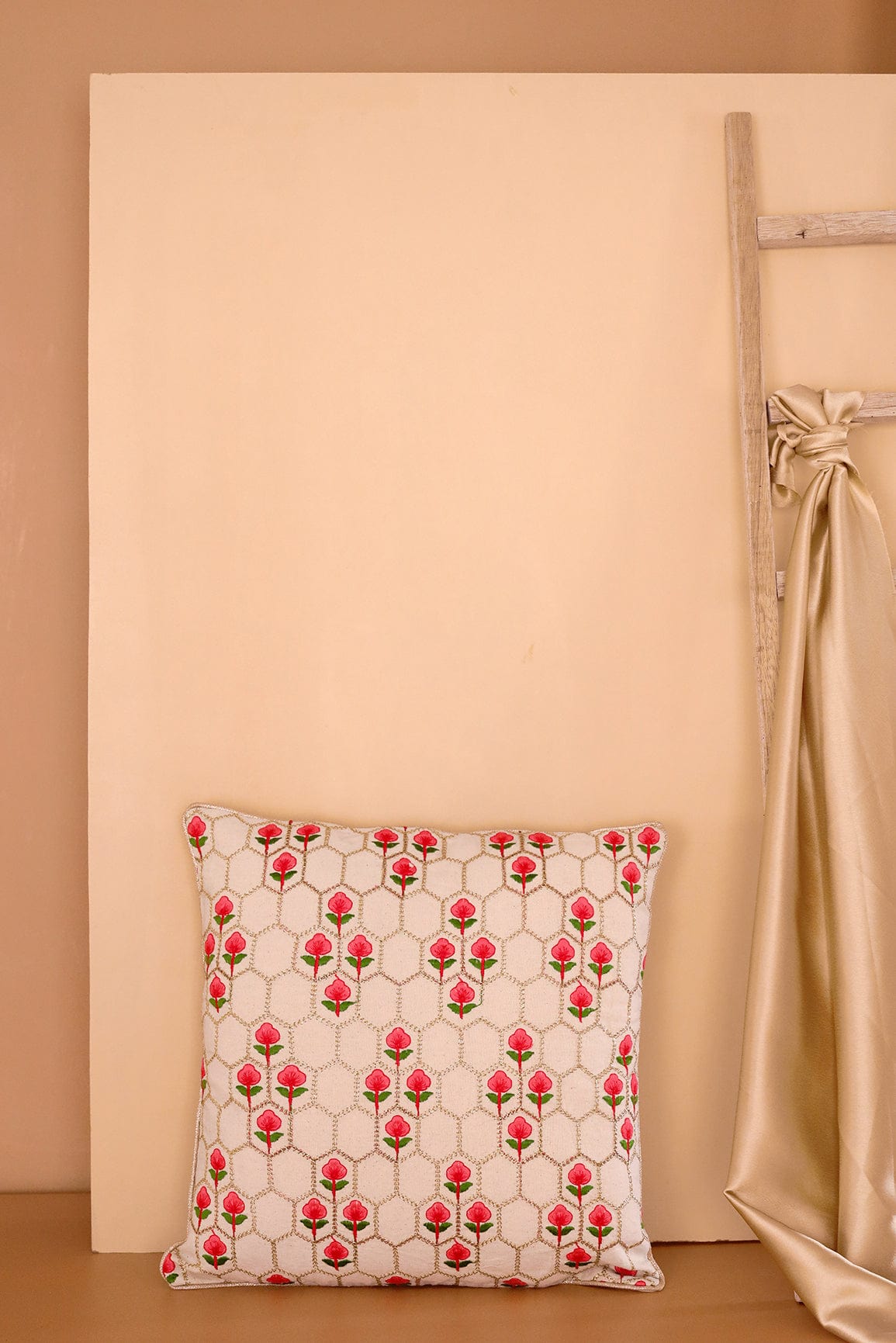 Floral Embroidery on off white cotton Cushion Cover (16*16 inches) - doeraa