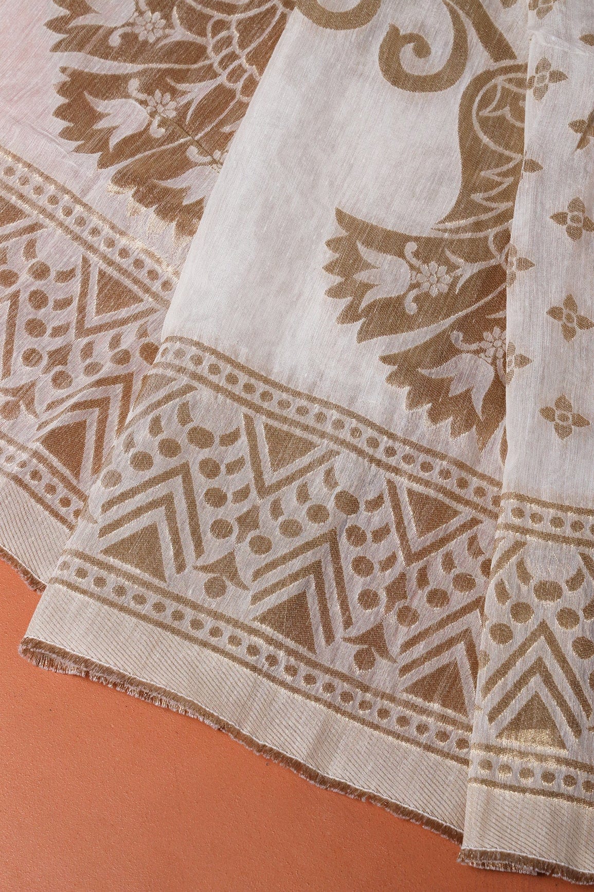 Floral Gold Zari Jacquard White Dyeable Chanderi Dupatta With Border - doeraa