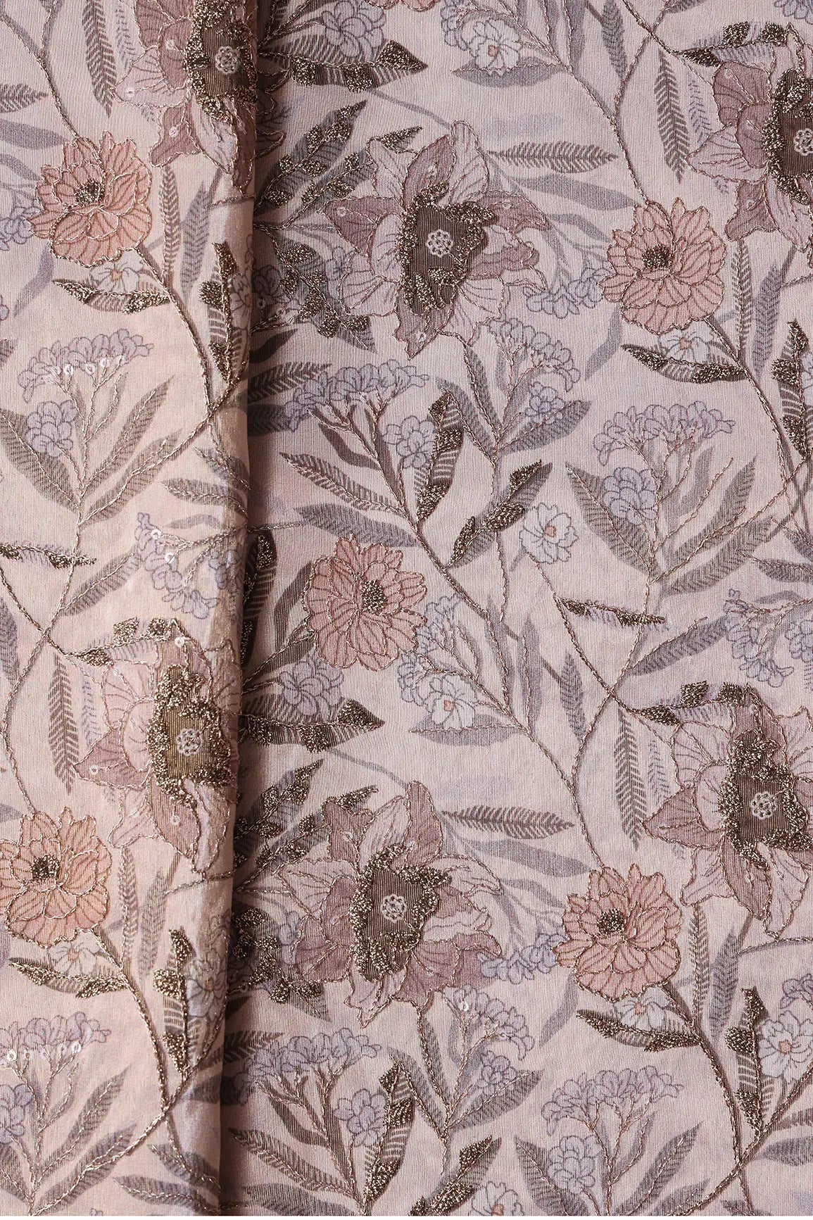 Floral Position Print On Gold Zari With Sequins Embroidery Light Brown Viscose Zari Tissue Fabric - doeraa