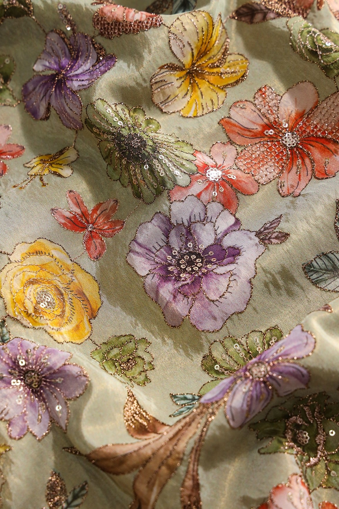 Floral Position Print On Gold Zari With Sequins Embroidery On Olive Viscose Zari Tissue Fabric - doeraa