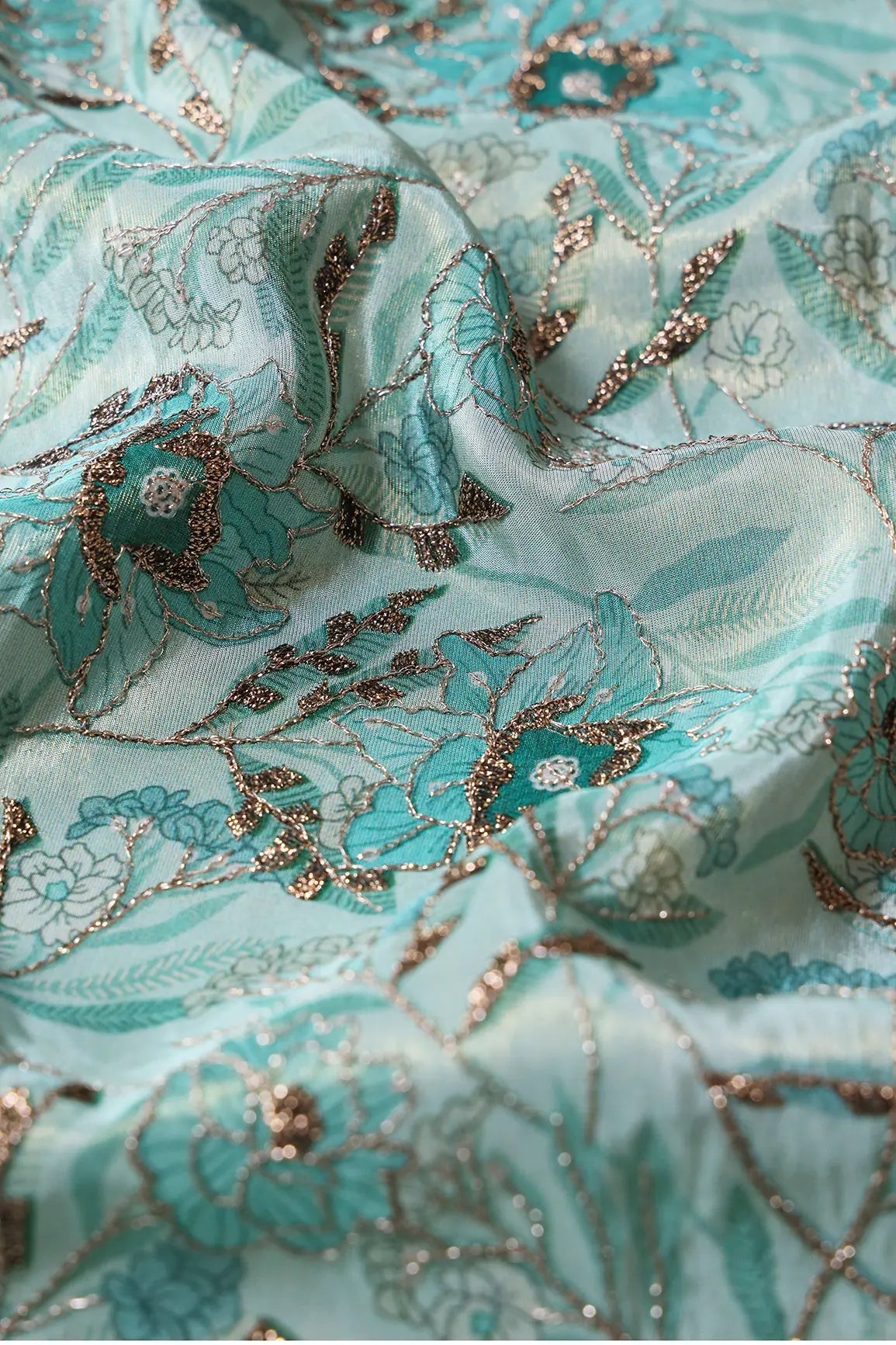Floral Position Print On Gold Zari With Sequins Embroidery Teal Viscose Zari Tissue Fabric - doeraa