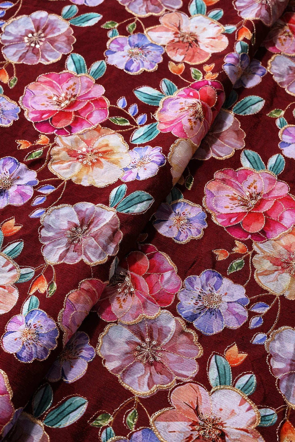 Floral Position Print On Sequins Embroidery Maroon Viscose Chinnon Chiffon Fabric - doeraa