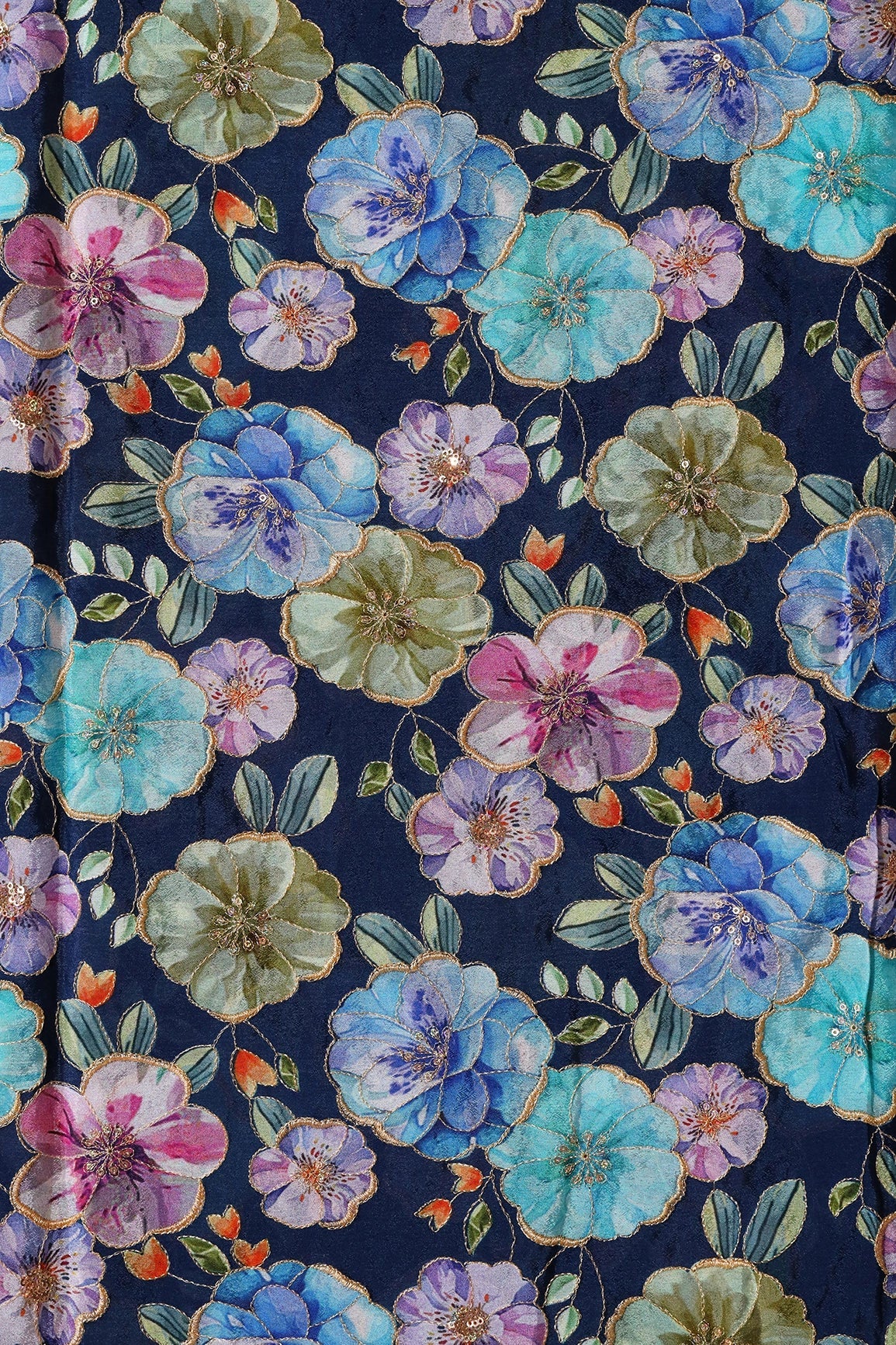Floral Position Print On Sequins Embroidery Navy Blue Viscose Chinnon Chiffon Fabric - doeraa