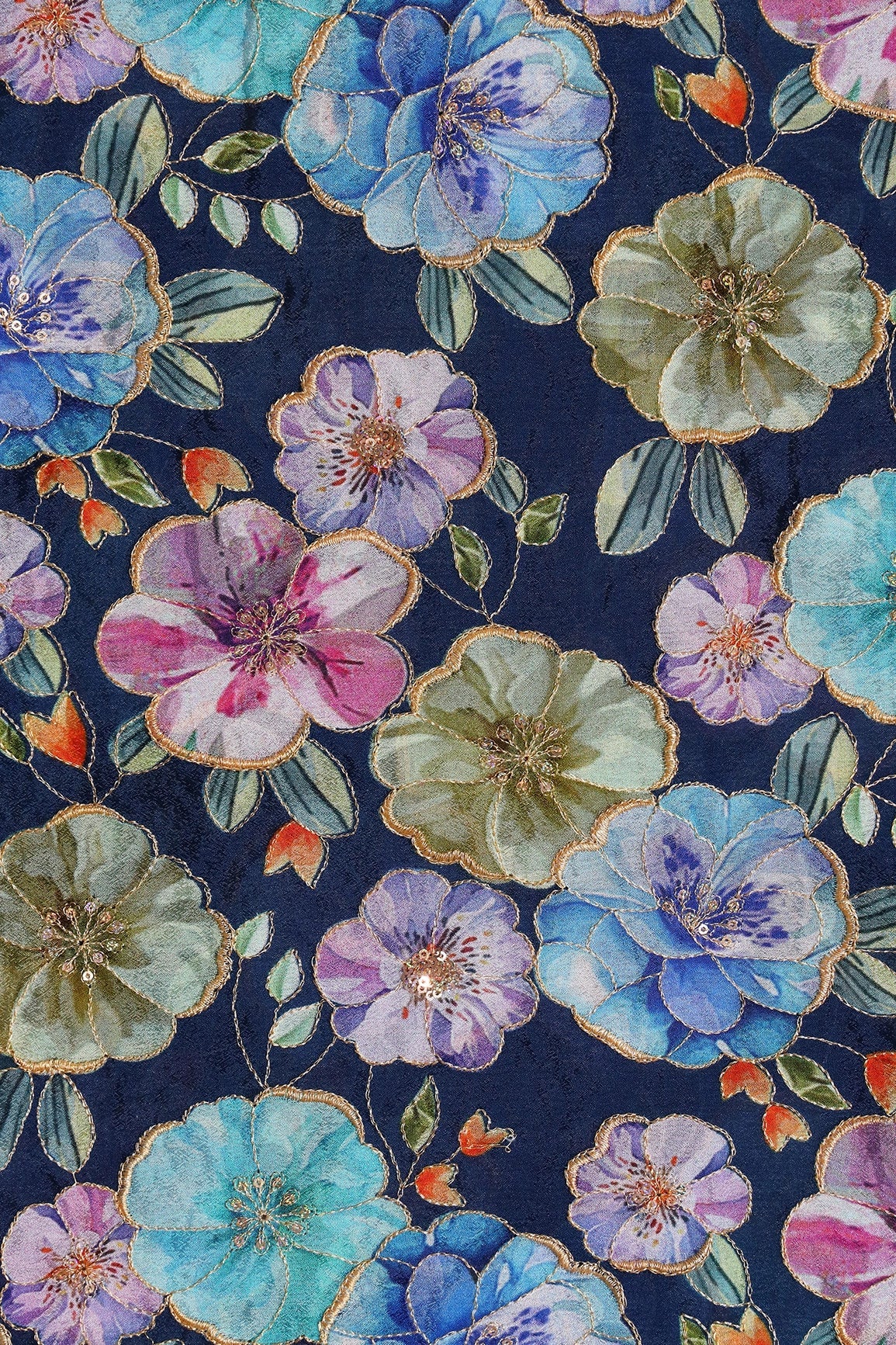 Floral Position Print On Sequins Embroidery Navy Blue Viscose Chinnon Chiffon Fabric - doeraa