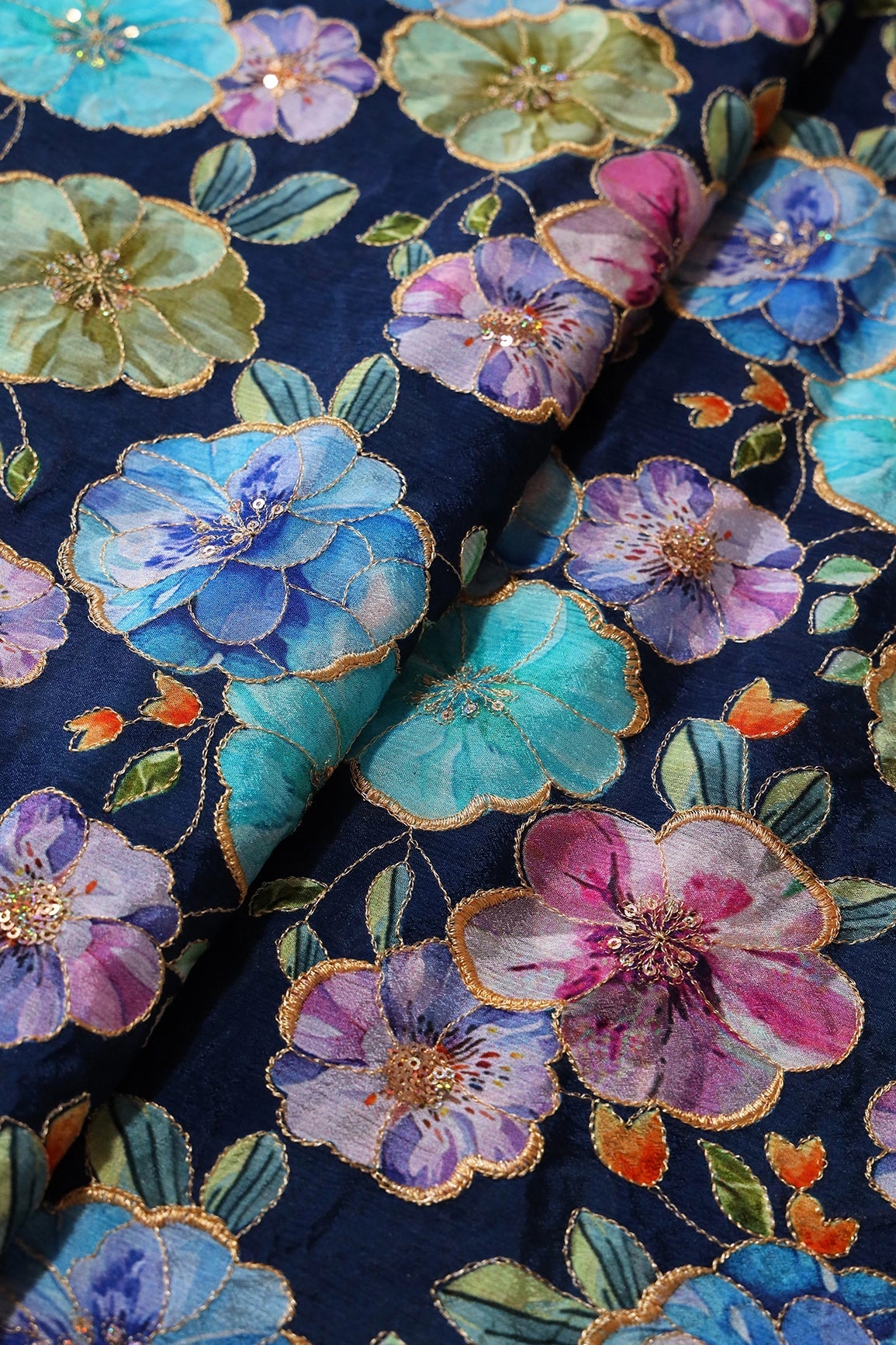 Floral Position Print On Sequins Embroidery Navy Blue Viscose Chinnon Chiffon Fabric - doeraa