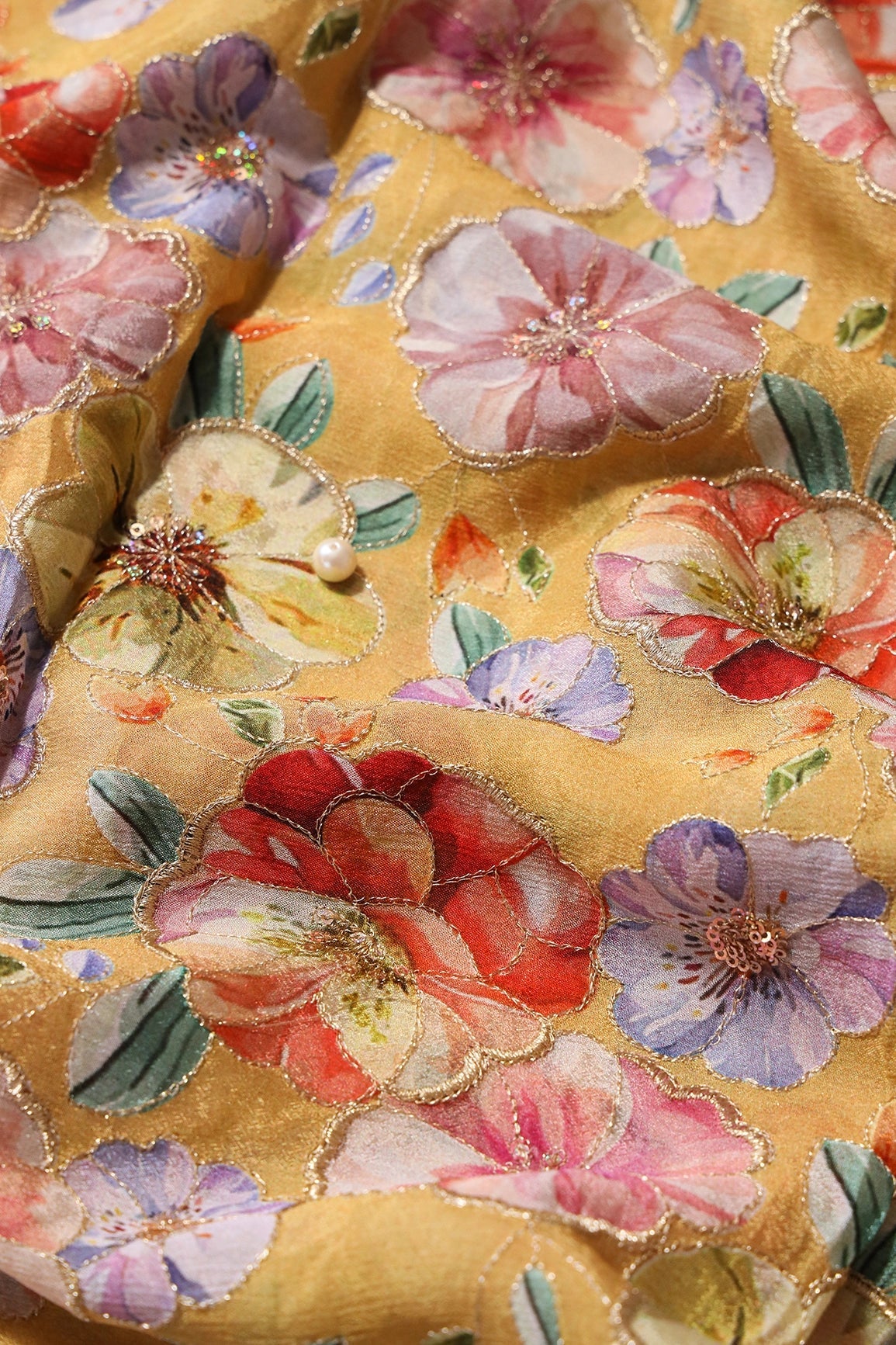 Floral Position Print On Sequins Embroidery Yellow Viscose Chinnon Chiffon Fabric - doeraa