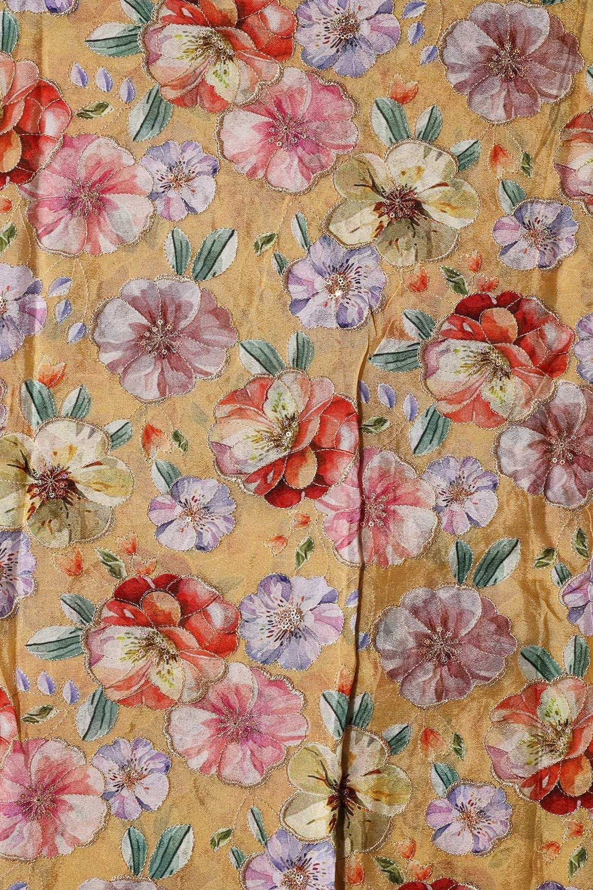 Floral Position Print On Sequins Embroidery Yellow Viscose Chinnon Chiffon Fabric - doeraa