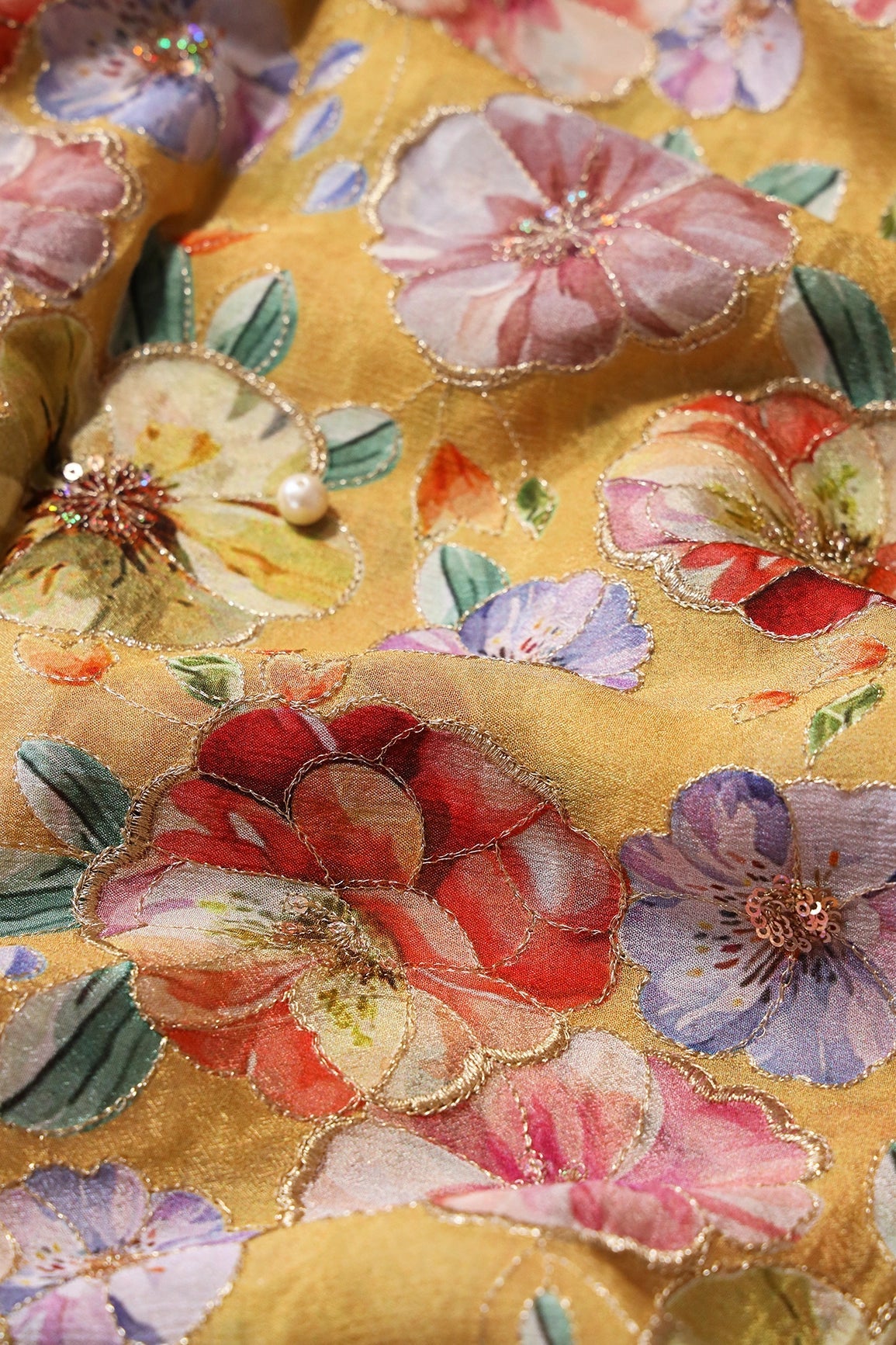 Floral Position Print On Sequins Embroidery Yellow Viscose Chinnon Chiffon Fabric - doeraa