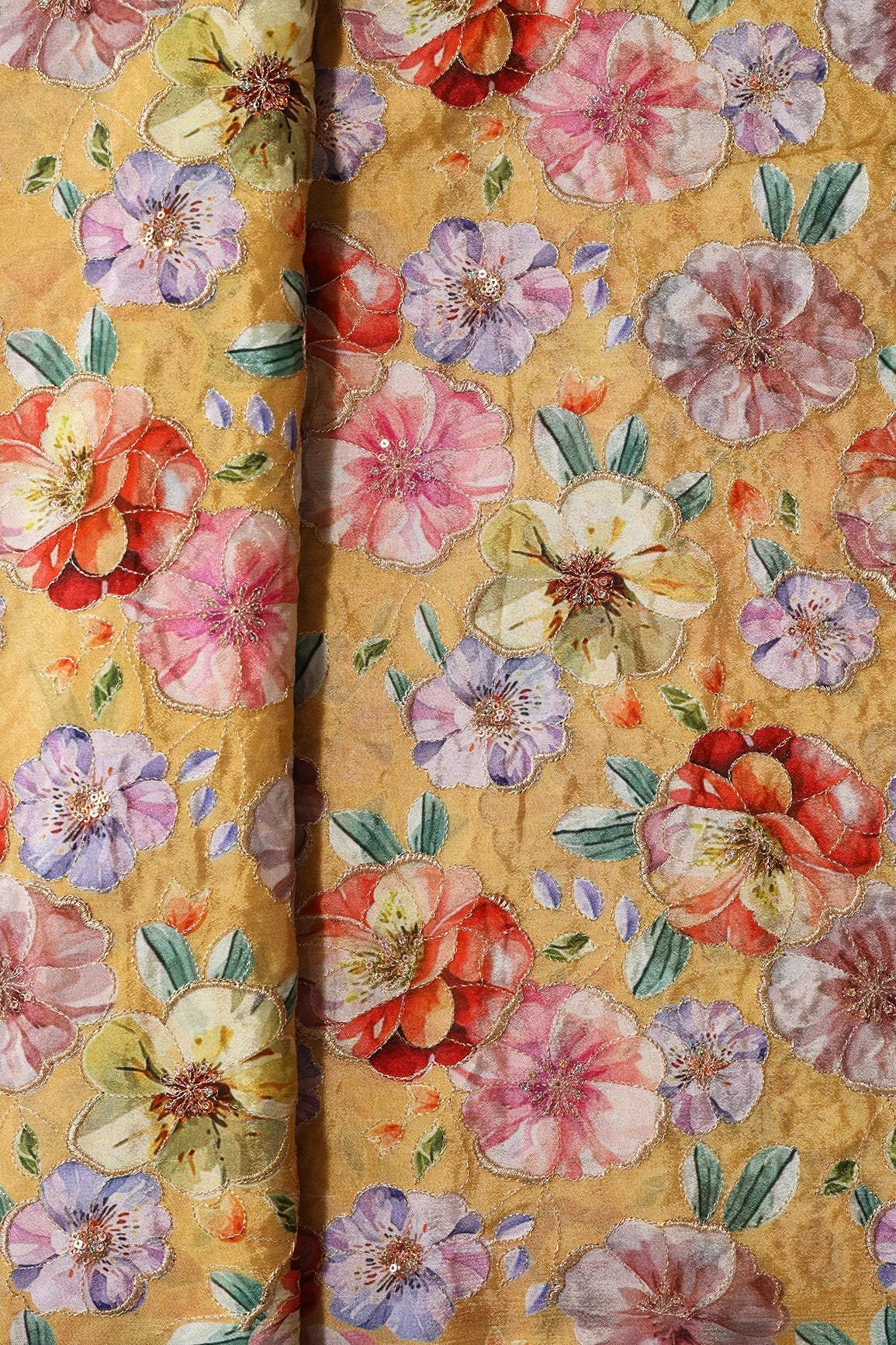 Floral Position Print On Sequins Embroidery Yellow Viscose Chinnon Chiffon Fabric - doeraa