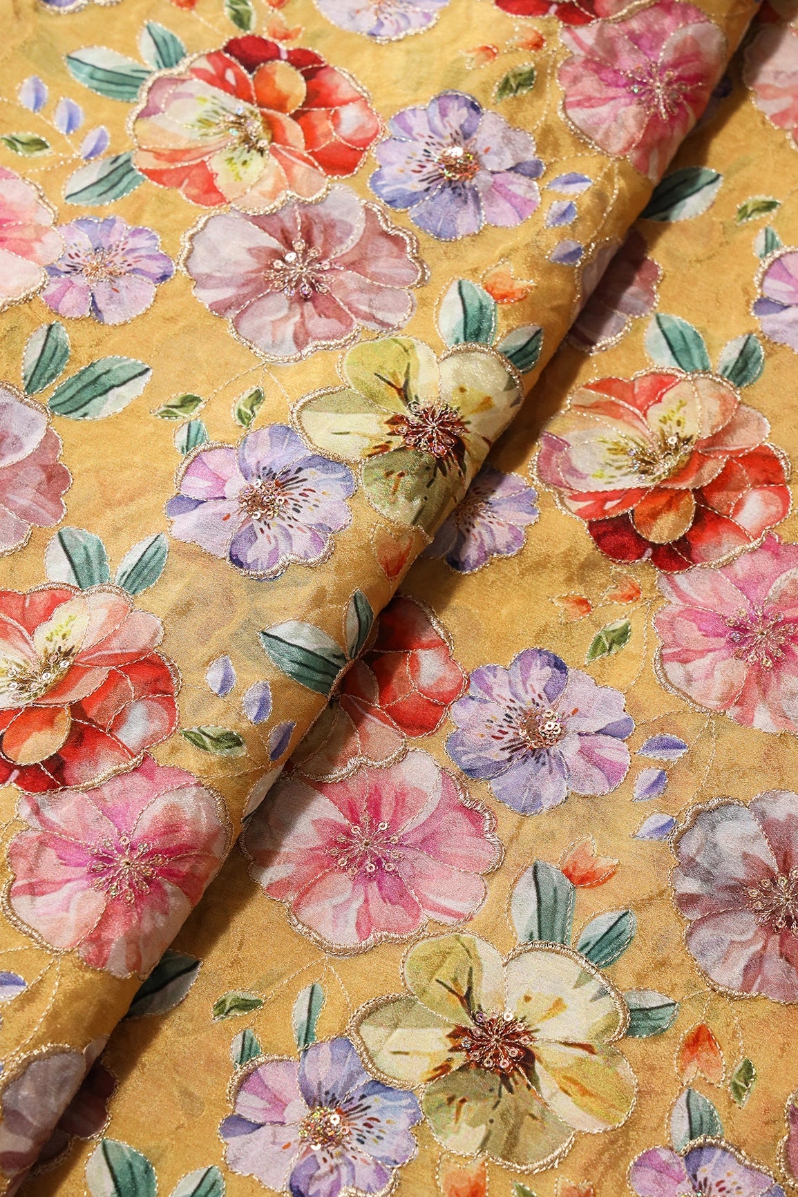 Floral Position Print On Sequins Embroidery Yellow Viscose Chinnon Chiffon Fabric - doeraa