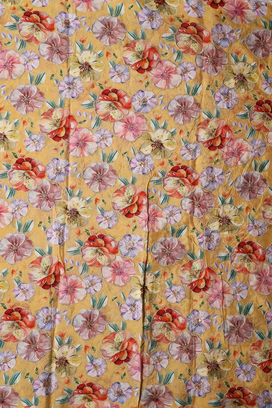 Floral Position Print On Sequins Embroidery Yellow Viscose Chinnon Chiffon Fabric - doeraa