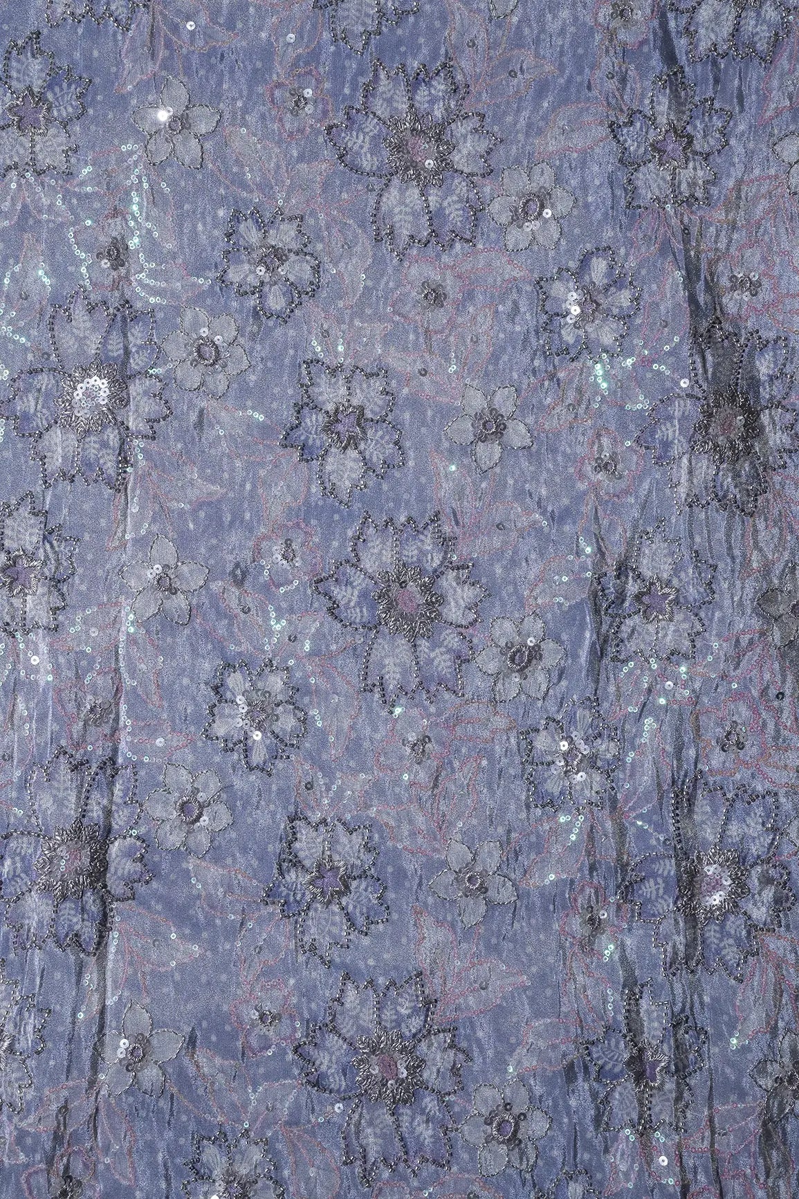 Floral Position Print On Sequins With Beads Embroidery Lilac Viscose Zari Tissue Fabric - doeraa