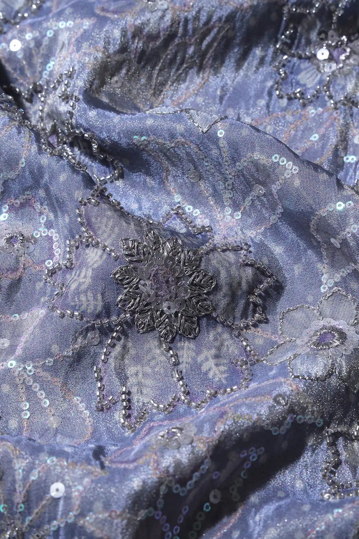 Floral Position Print On Sequins With Beads Embroidery Lilac Viscose Zari Tissue Fabric - doeraa