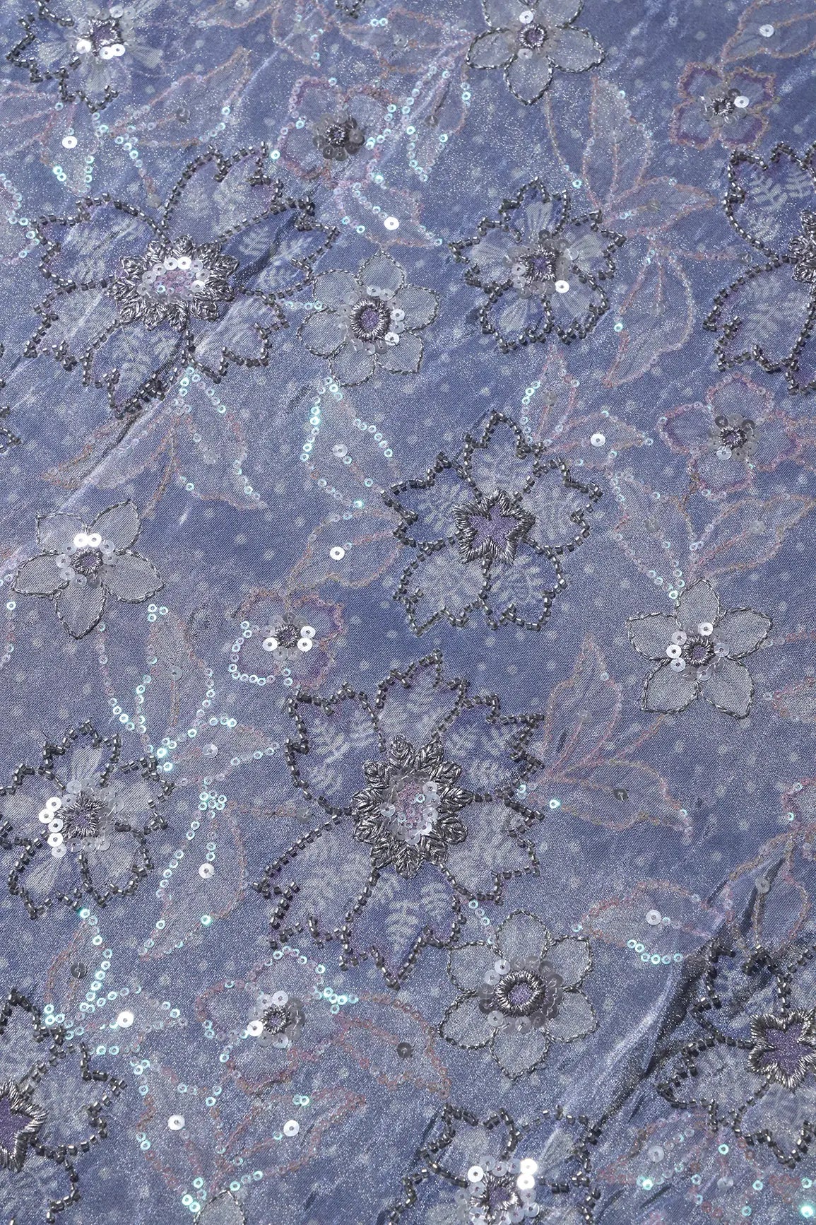 Floral Position Print On Sequins With Beads Embroidery Lilac Viscose Zari Tissue Fabric - doeraa