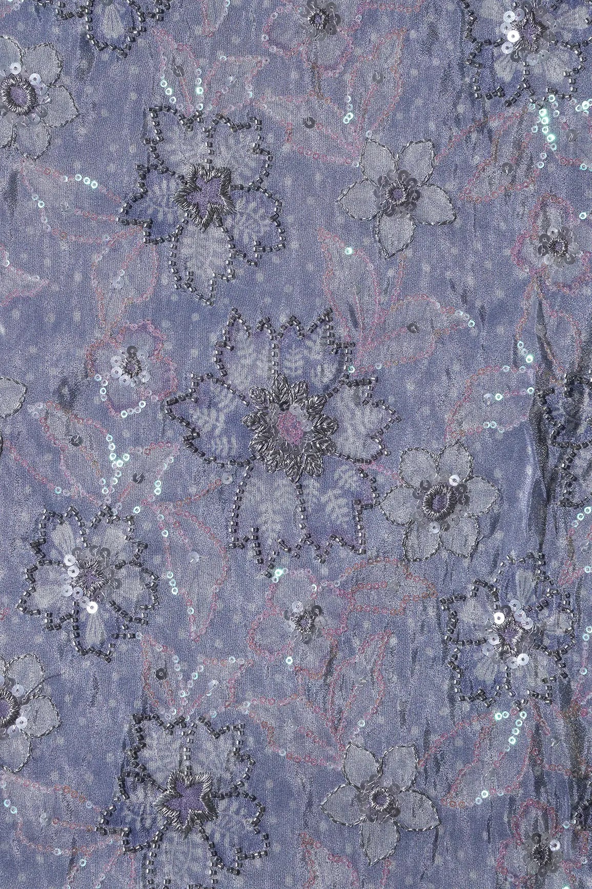 Floral Position Print On Sequins With Beads Embroidery Lilac Viscose Zari Tissue Fabric - doeraa