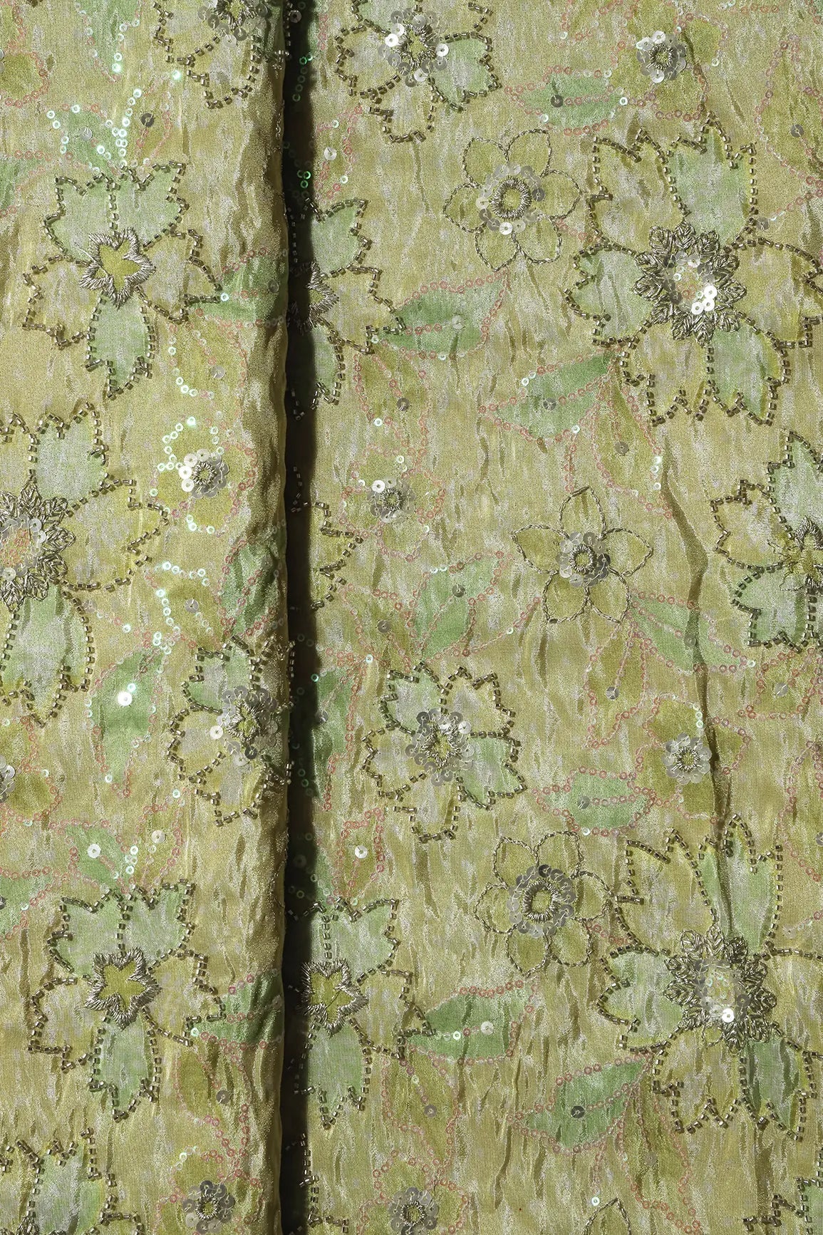 Floral Position Print On Sequins With Beads Embroidery Parrot Green Viscose Zari Tissue Fabric - doeraa
