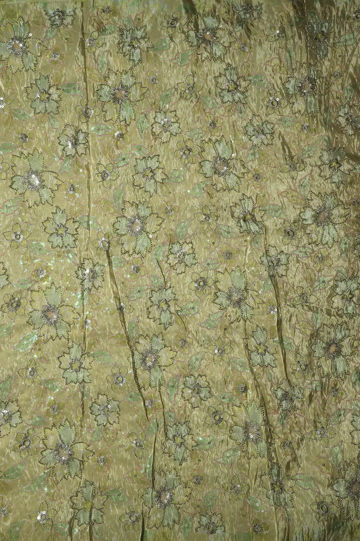 Floral Position Print On Sequins With Beads Embroidery Parrot Green Viscose Zari Tissue Fabric - doeraa