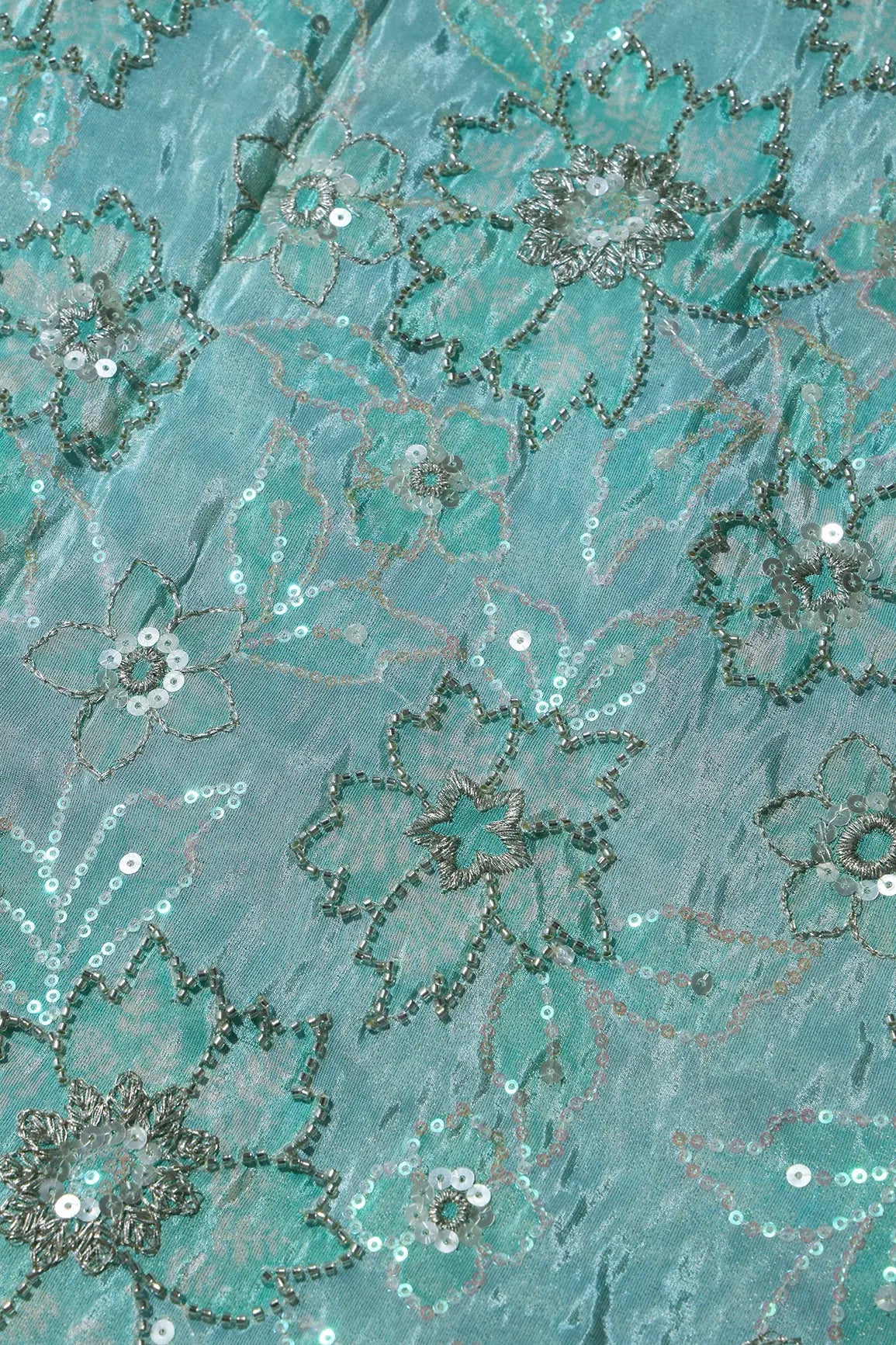 Floral Position Print On Sequins With Beads Embroidery Teal Viscose Zari Tissue Fabric Fabric - doeraa
