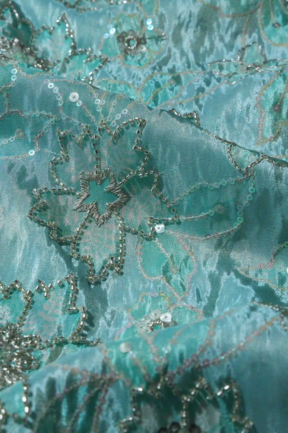 Floral Position Print On Sequins With Beads Embroidery Teal Viscose Zari Tissue Fabric Fabric - doeraa