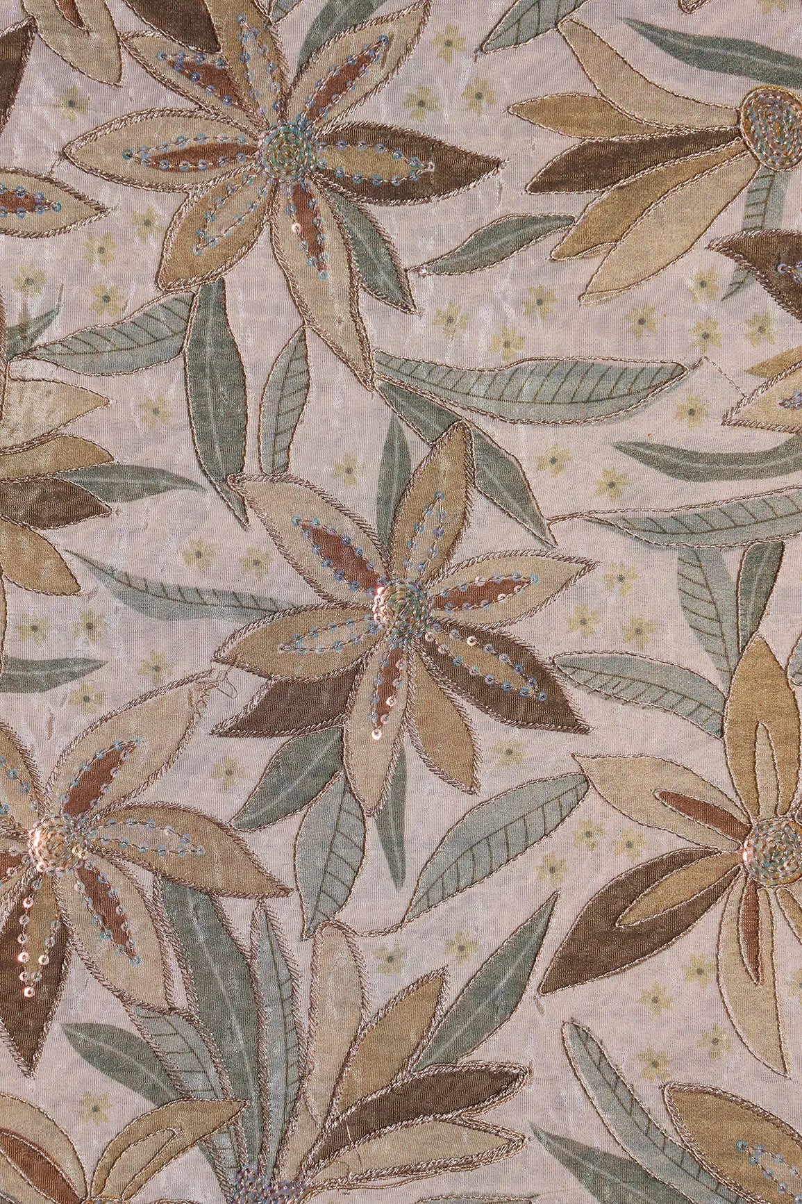 Floral Position Print On Sequins With Zari Embroidery Light Beige Viscose Zari Tissue Fabric - doeraa
