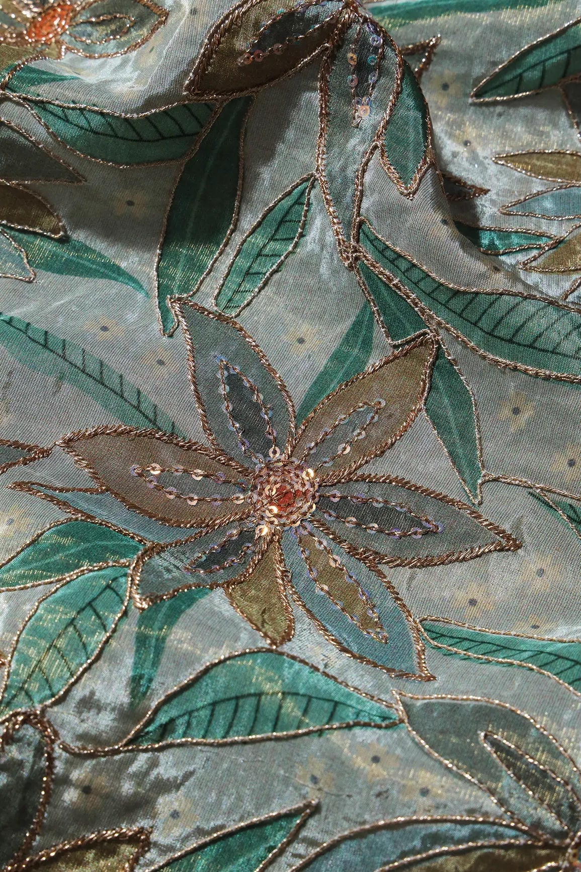 Floral Position Print On Sequins With Zari Embroidery Light Grey Viscose Zari Tissue Fabric - doeraa