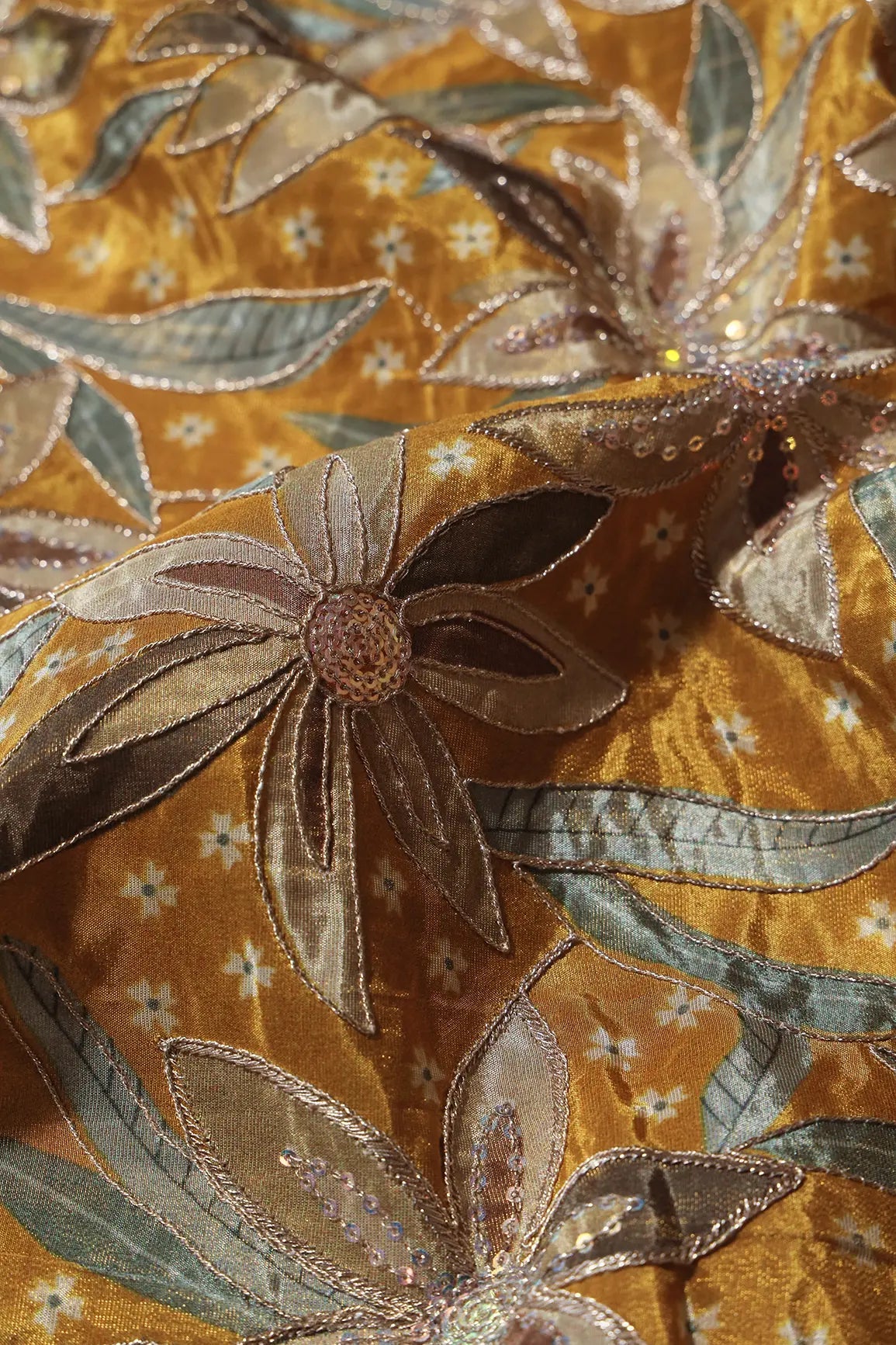 Floral Position Print On Sequins With Zari Embroidery Mustard Yellow Viscose Zari Tissue Fabric - doeraa