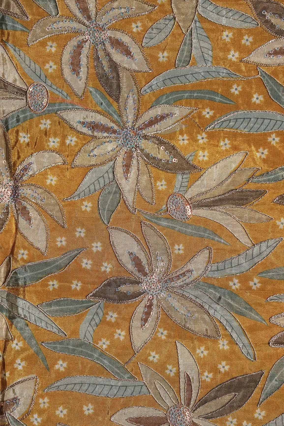 Floral Position Print On Sequins With Zari Embroidery Mustard Yellow Viscose Zari Tissue Fabric - doeraa