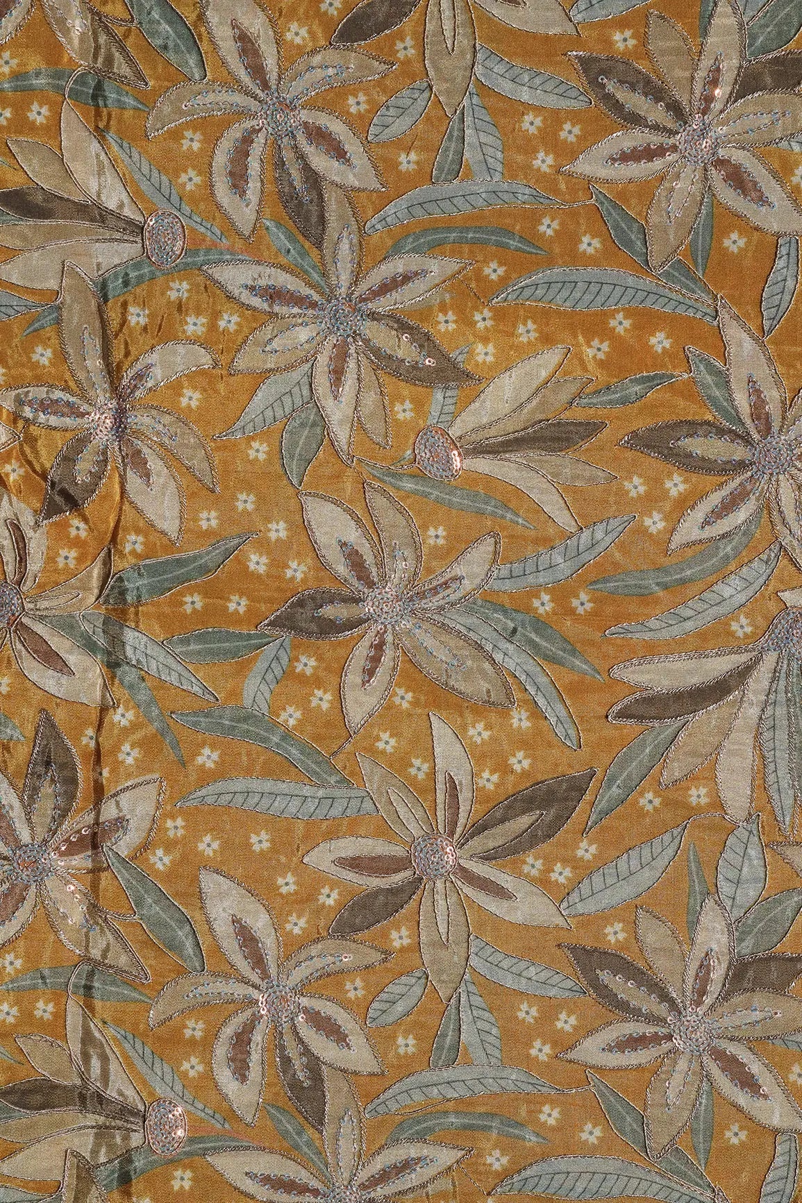 Floral Position Print On Sequins With Zari Embroidery Mustard Yellow Viscose Zari Tissue Fabric - doeraa