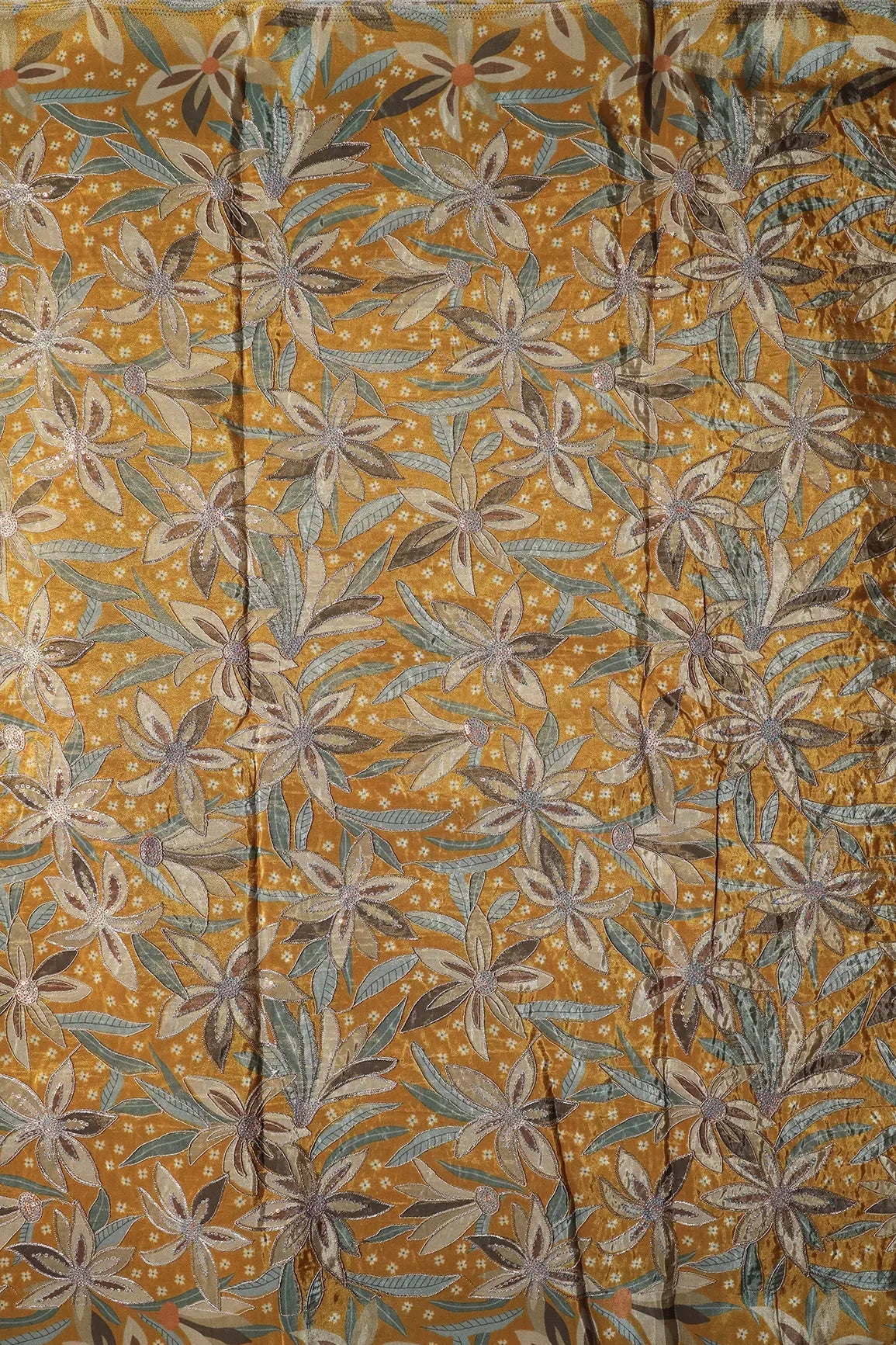 Floral Position Print On Sequins With Zari Embroidery Mustard Yellow Viscose Zari Tissue Fabric - doeraa