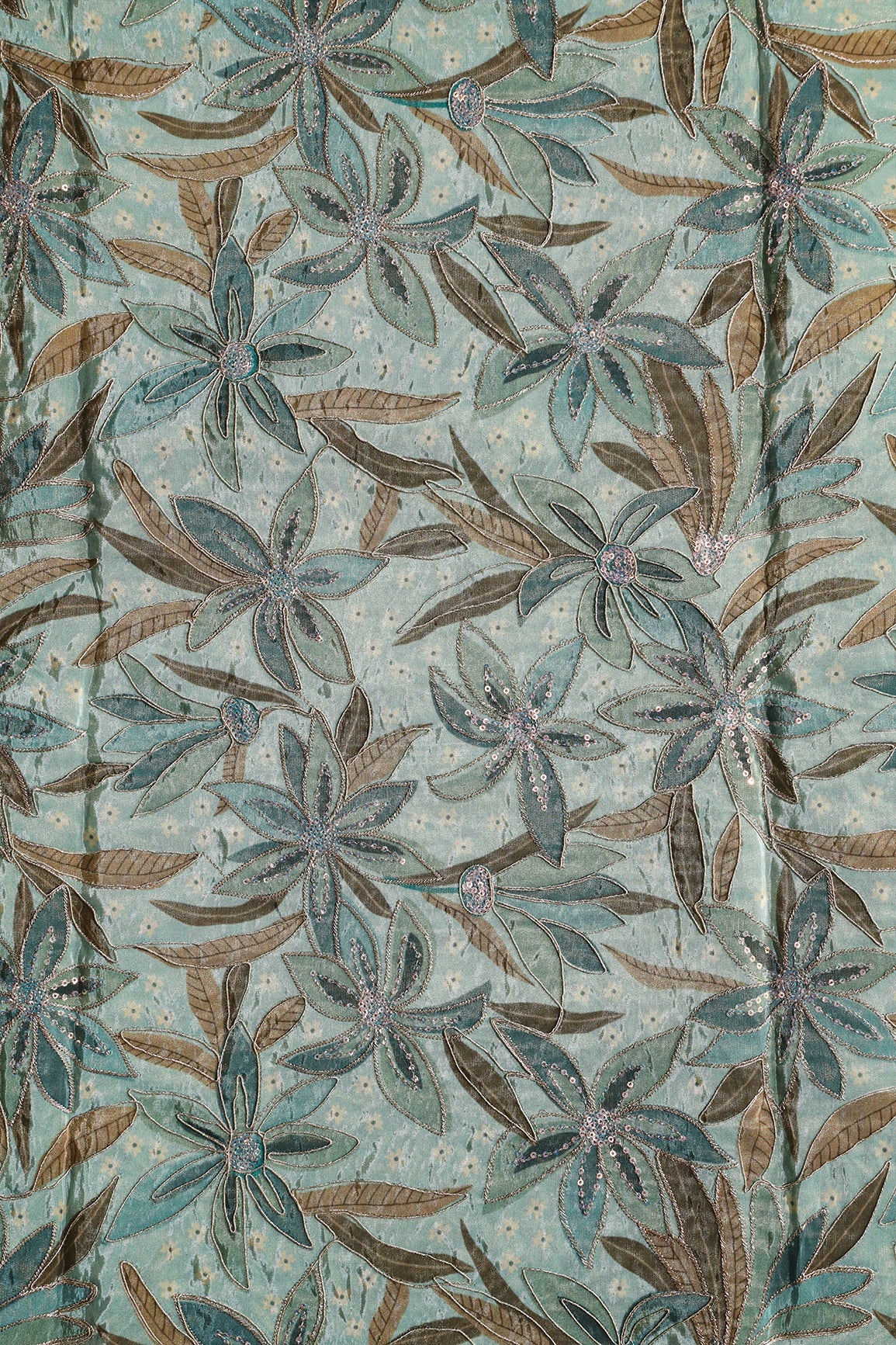 Floral Position Print On Sequins With Zari Embroidery On Pastel Olive Viscose Zari Tissue Fabric - doeraa