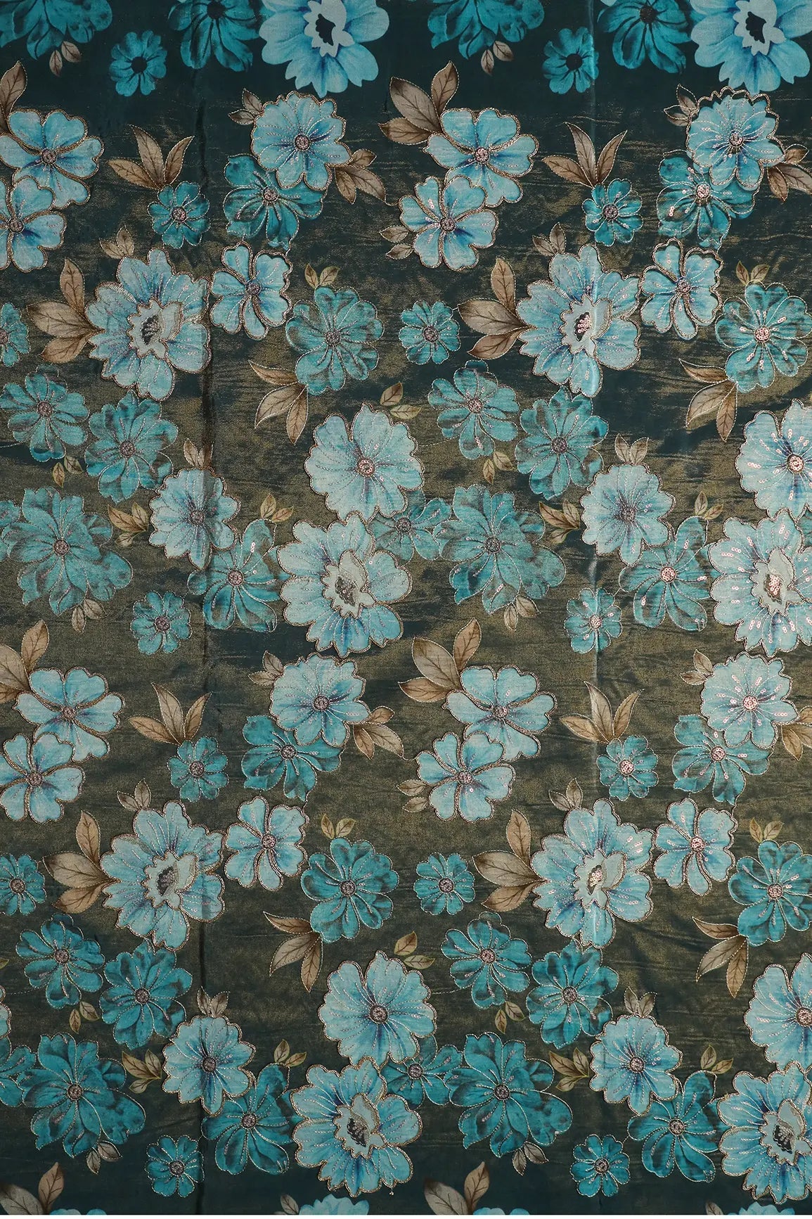 Floral Position Print On Sequins With Zari Embroidery Rama Viscose Zari Tissue Fabric - doeraa