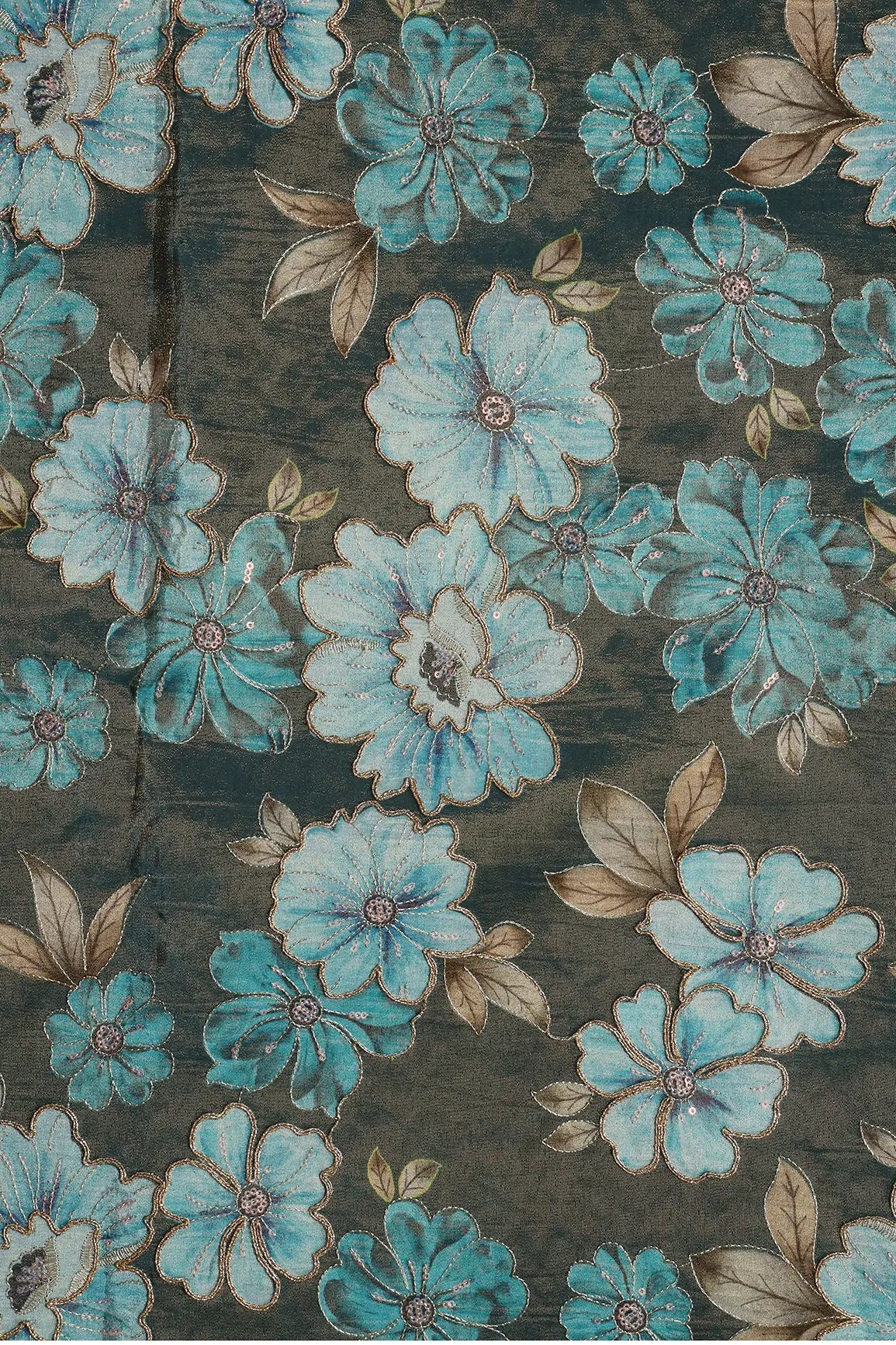 Floral Position Print On Sequins With Zari Embroidery Rama Viscose Zari Tissue Fabric - doeraa