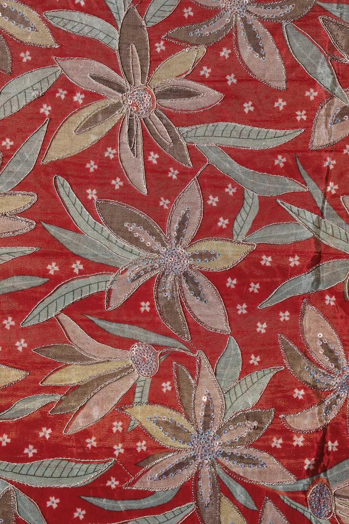 Floral Position Print On Sequins With Zari Embroidery Red Viscose Zari Tissue Fabric - doeraa