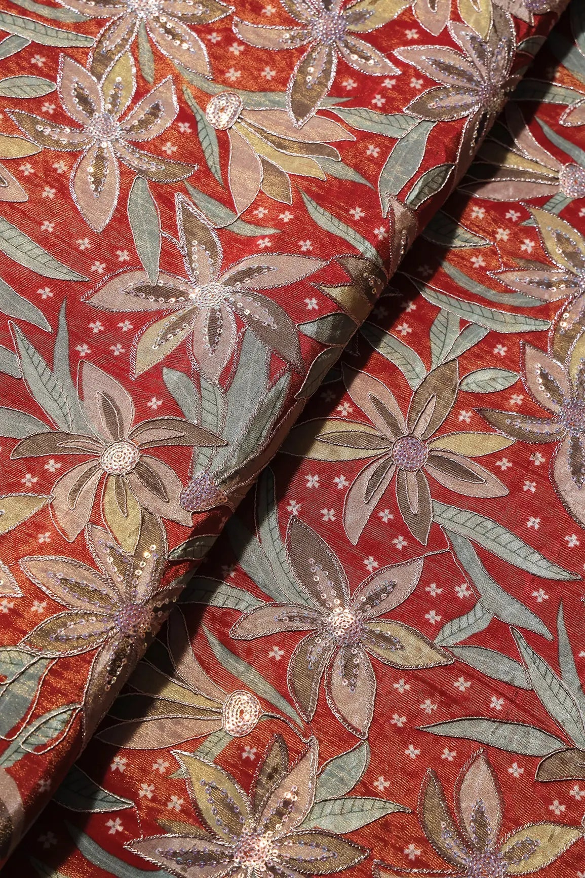 Floral Position Print On Sequins With Zari Embroidery Red Viscose Zari Tissue Fabric - doeraa