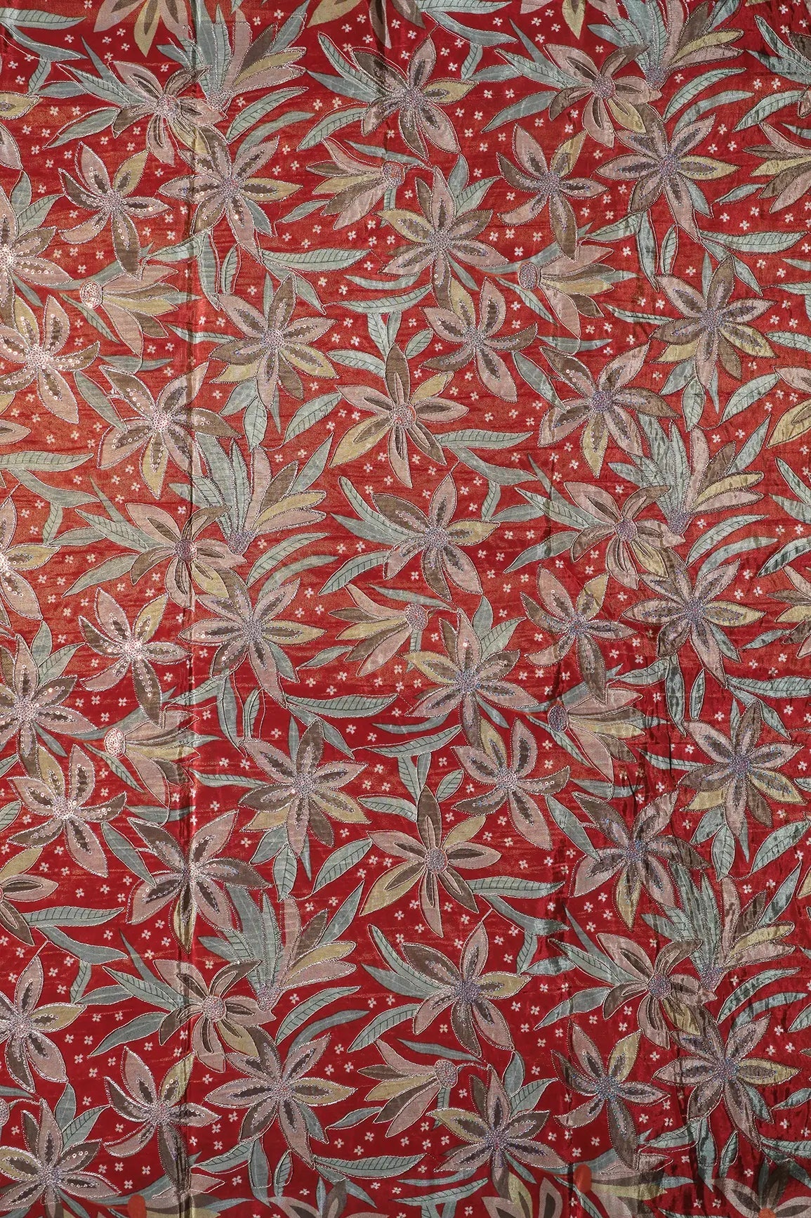 Floral Position Print On Sequins With Zari Embroidery Red Viscose Zari Tissue Fabric - doeraa