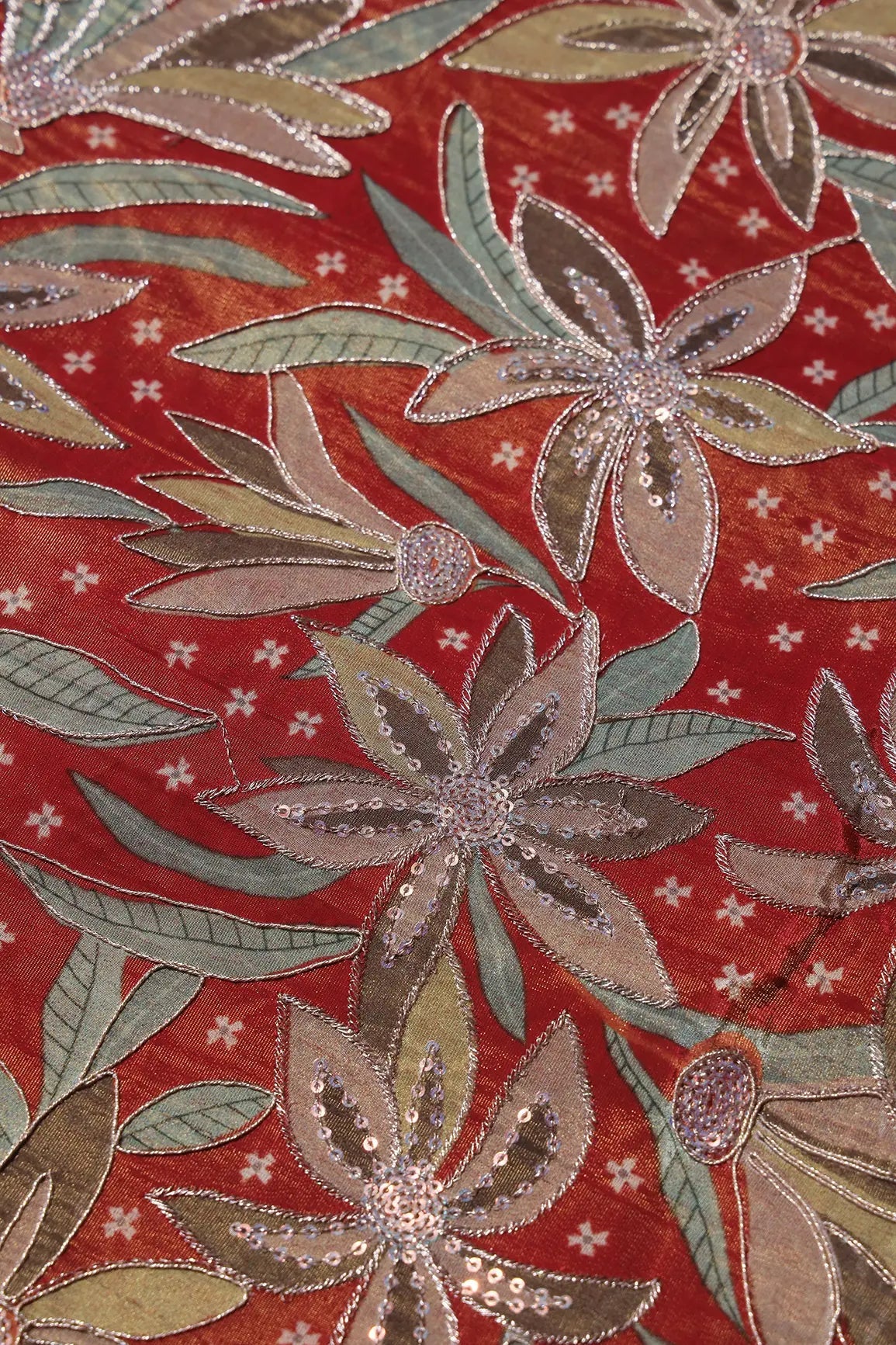 Floral Position Print On Sequins With Zari Embroidery Red Viscose Zari Tissue Fabric - doeraa