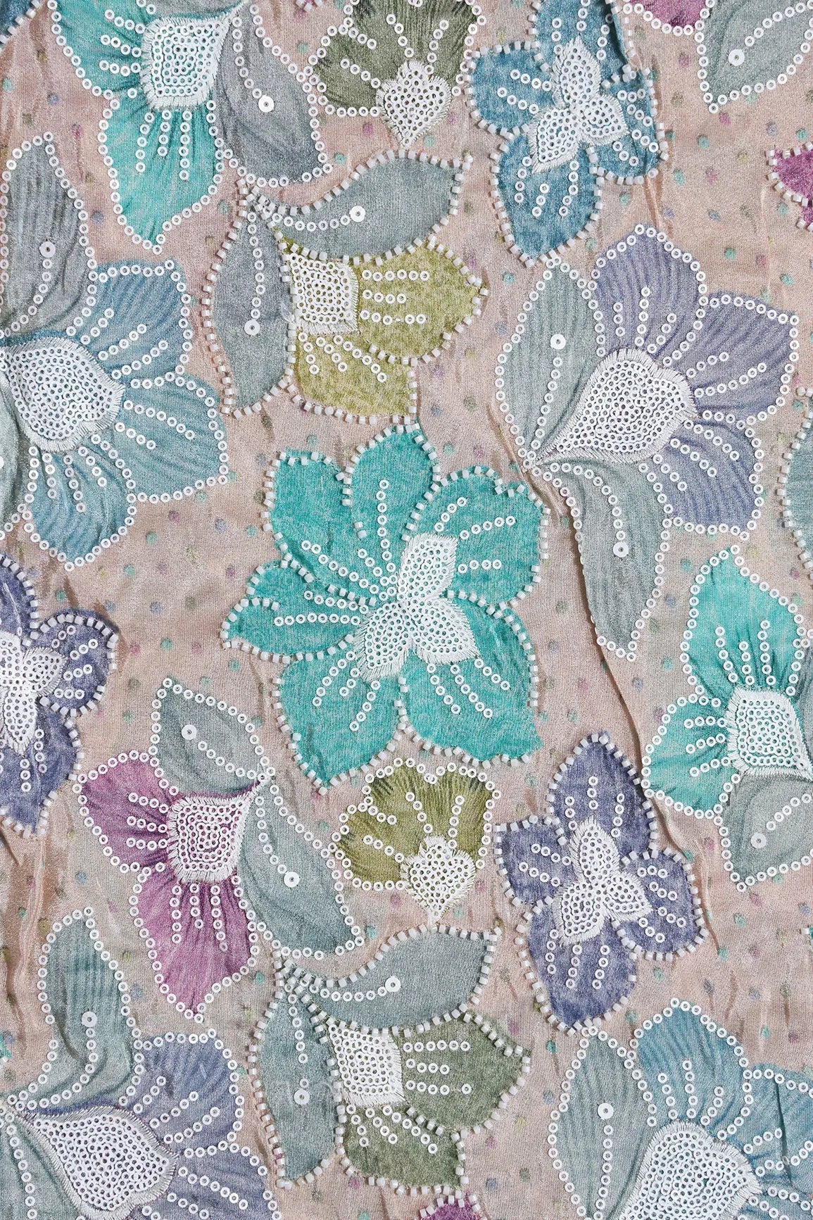 Floral Position Print With White Beads And White Sequins Embroidery On Light Beige Viscose Zari Tissue Fabric - doeraa