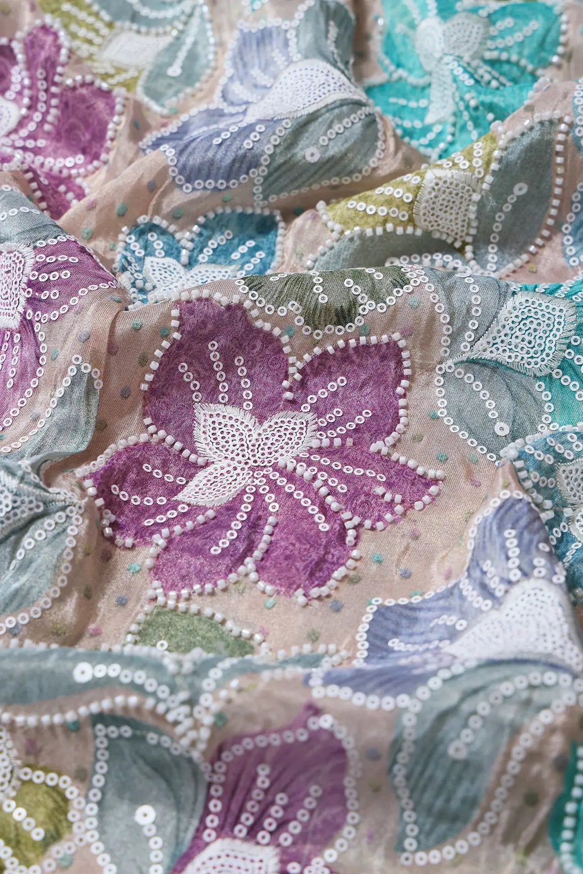 Floral Position Print With White Beads And White Sequins Embroidery On Light Beige Viscose Zari Tissue Fabric - doeraa