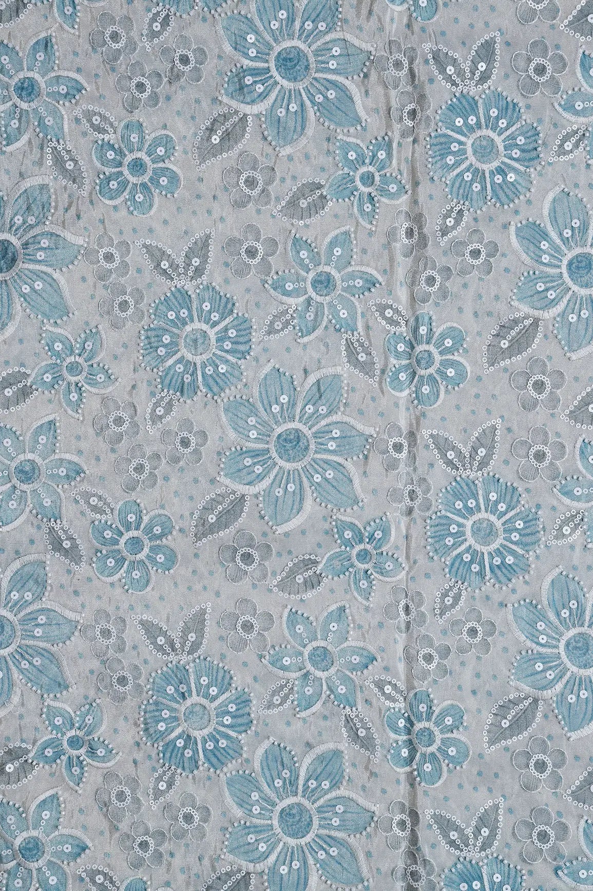 Floral Position Print With White Beads And White Sequins Embroidery On Light Grey Viscose Zari Tissue Fabric - doeraa