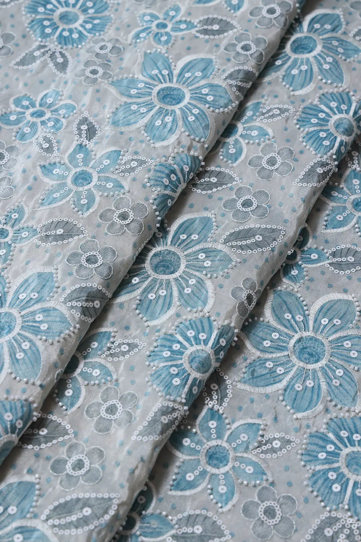 Floral Position Print With White Beads And White Sequins Embroidery On Light Grey Viscose Zari Tissue Fabric - doeraa