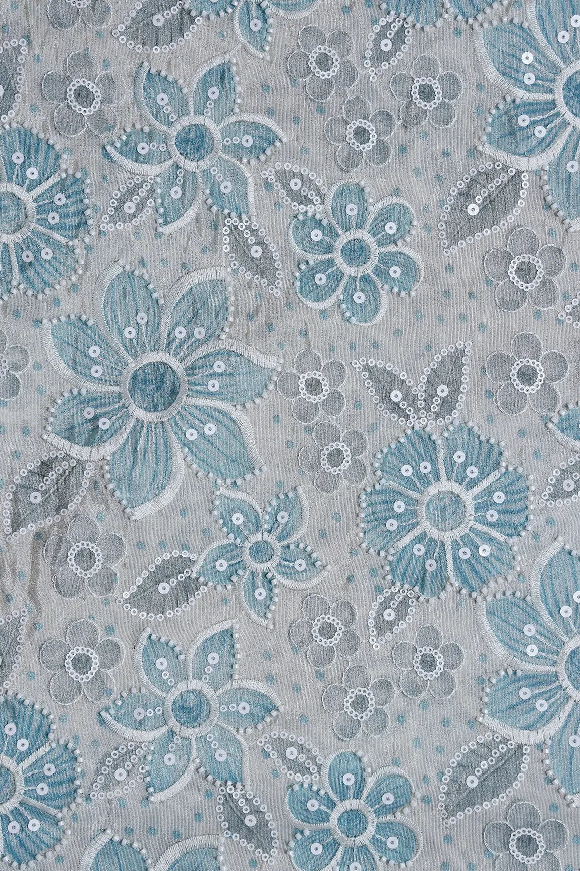 Floral Position Print With White Beads And White Sequins Embroidery On Light Grey Viscose Zari Tissue Fabric - doeraa