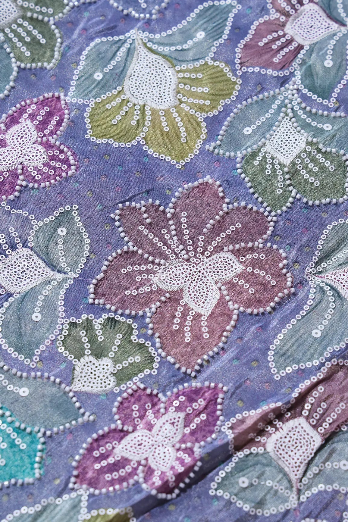 Floral Position Print With White Beads And White Sequins Embroidery On Lilac Viscose Zari Tissue Fabric - doeraa